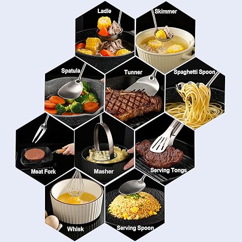 Miniatura 3 de Utensilios de cocina de acero inoxidable, 12 piezas, juego de utensilios de cocina pequeños, espátulas, cucharón, espumadera, tuneleros, cuchara de