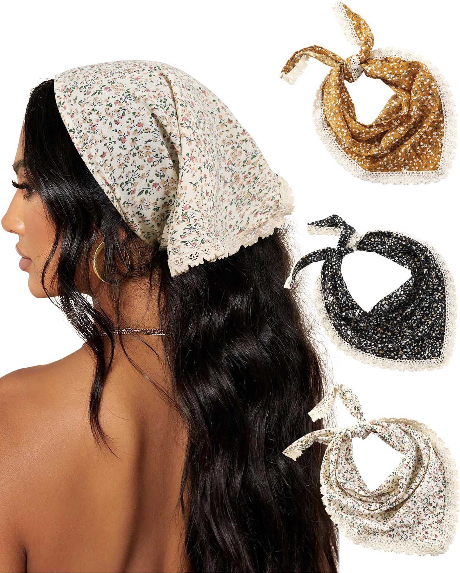 AWAYTR 3Pcs Hair Bandanas Head Kerchief for Women Girls Tie-Back Boho Hair Scarf Headband Bandana Triangle Head Scarf