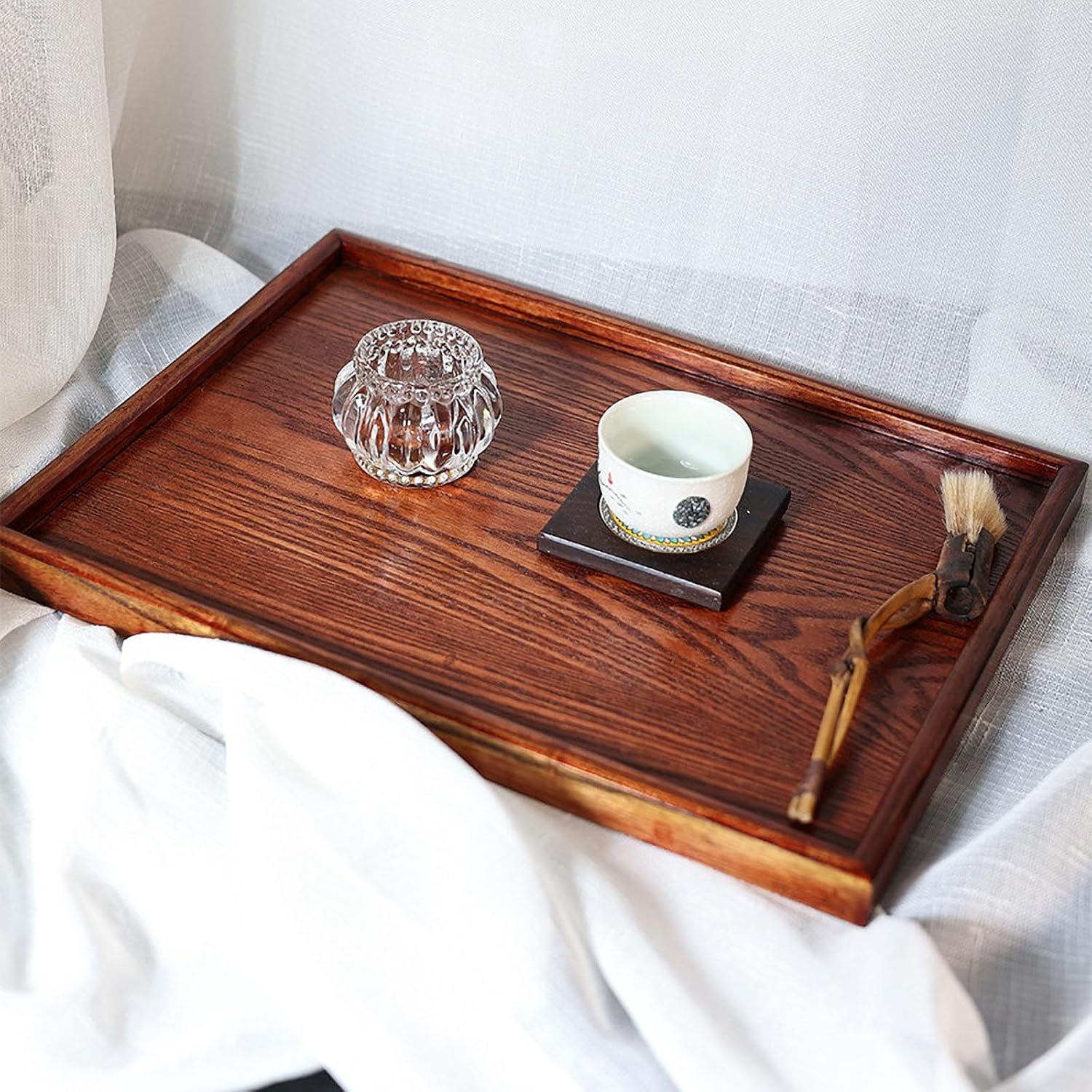 Solid Wood Serving Tray, Rectangle Non-Slip Tea Coffee Snack Plate, Food Meals Serving Tray with Raised Edges for Home Kitchen Restaurant(11.8x7.9x0.8, Brown) - Image 2