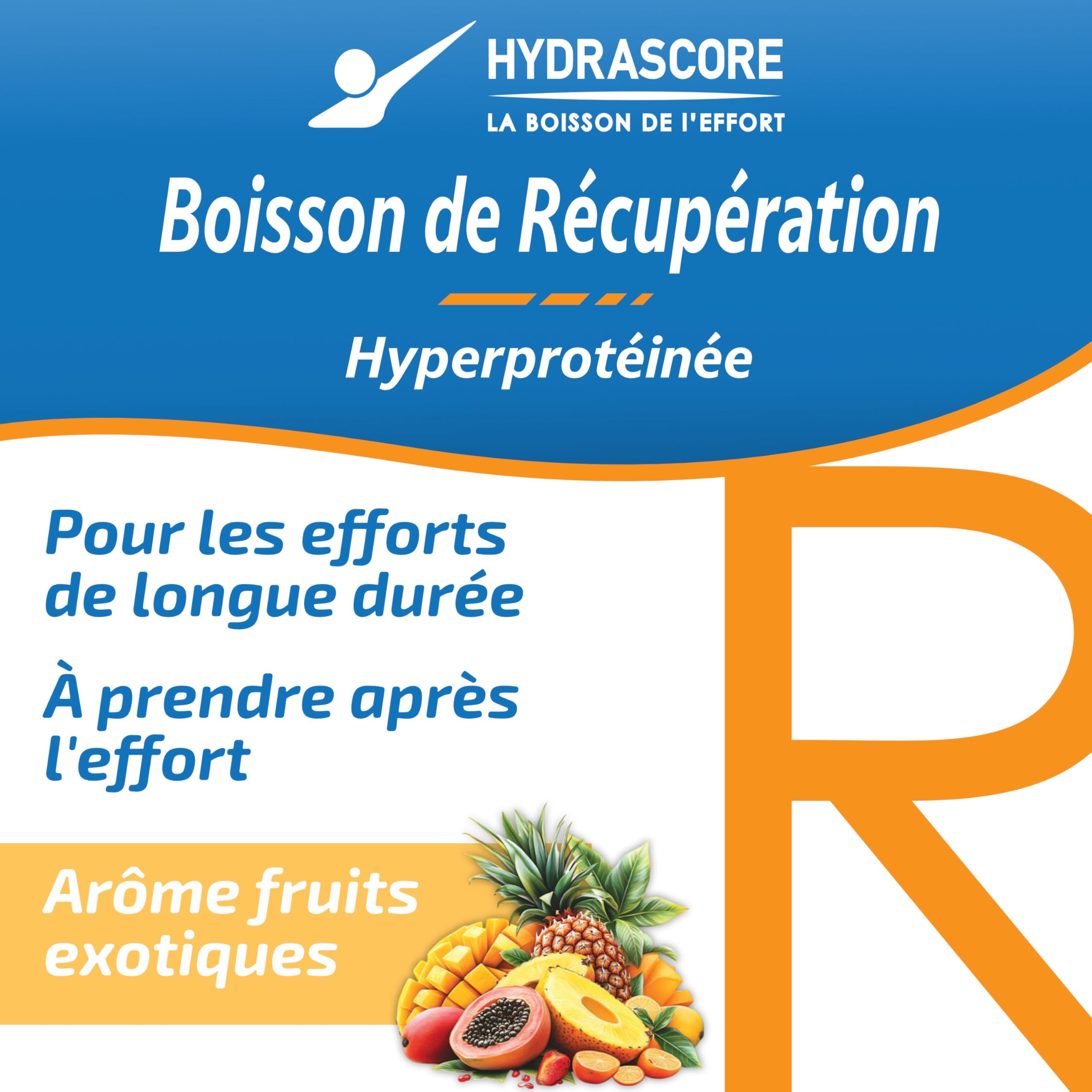 Hydrascore - Boisson de Récupération Fruits Exotiques 1200 g - Boisson Hyperprotéinée Après l’Effort – Récupération Muscles, Articulation Courbatures - Protéines & BCAA - Running, Trail, Vélo - H1047