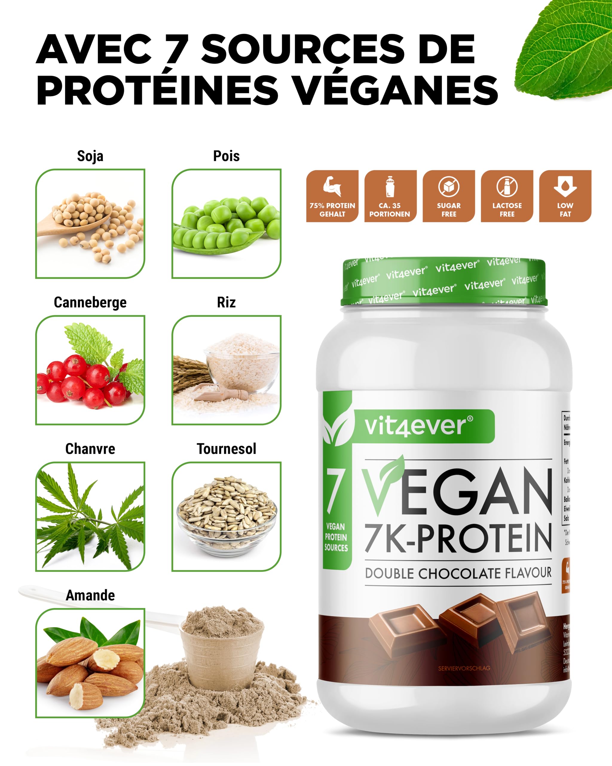 Vegan 7K Protein - 1kg -Double Chocolat - Poudre de protéine purement végétale avec des protéines de riz, d'amande, de soja, de pois, de chanvre, de canneberge et de tournesol.