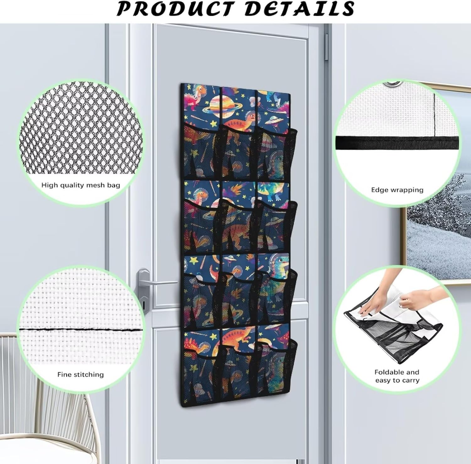 Dinosaurs Over the Door Shoe Organizer Space Saving Hanging Shoe Rack Holder with 12 Pockets Large Capacity Behind the Door Storage for Classrooms, Bedrooms, Dormitories