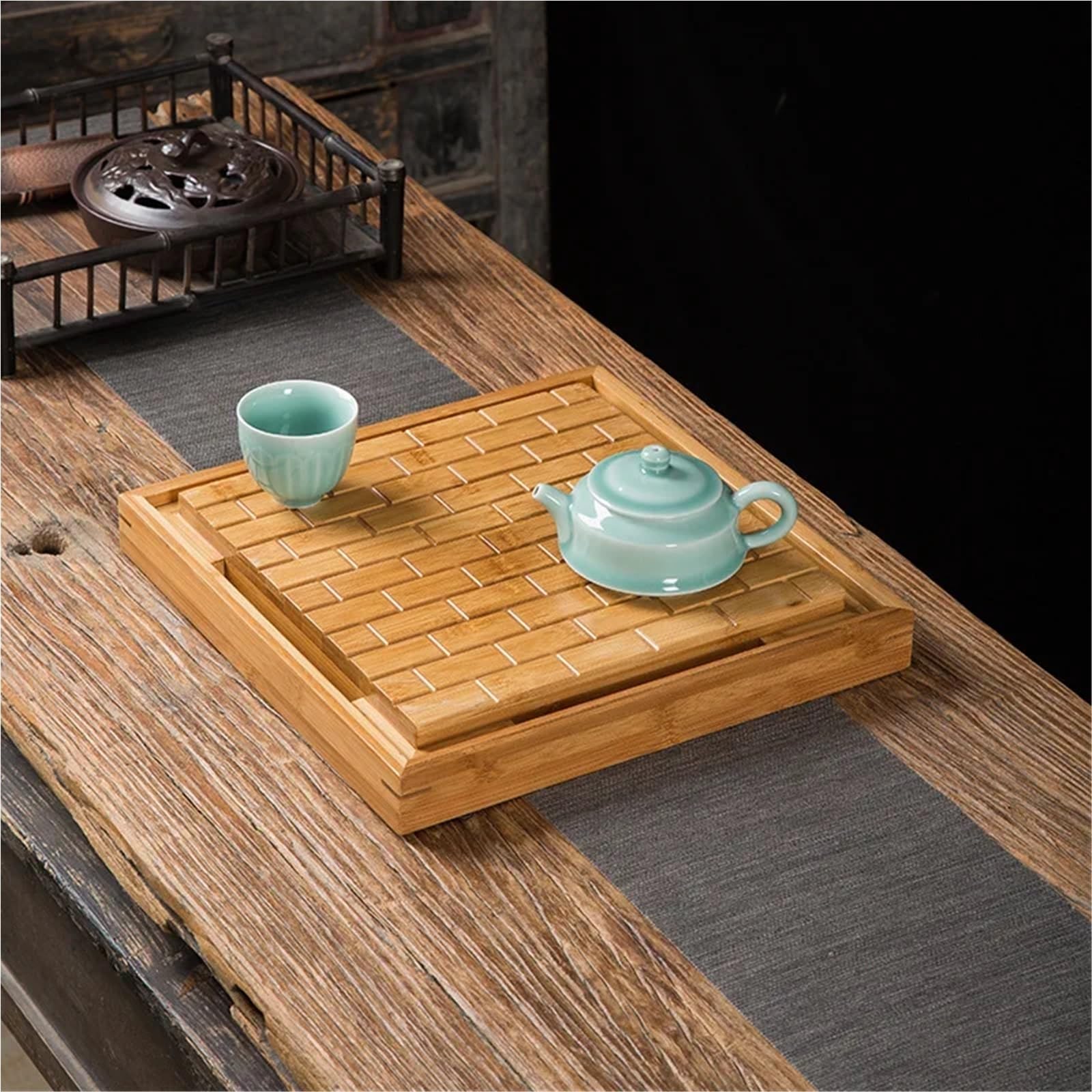 Bandeja de té de bambú – Mesa de agua cuadrada de 40 x 40 cm para el hogar y la oficina, diseño de drenaje simple, perfecta para los amantes del té y servir té, elegante y funcional