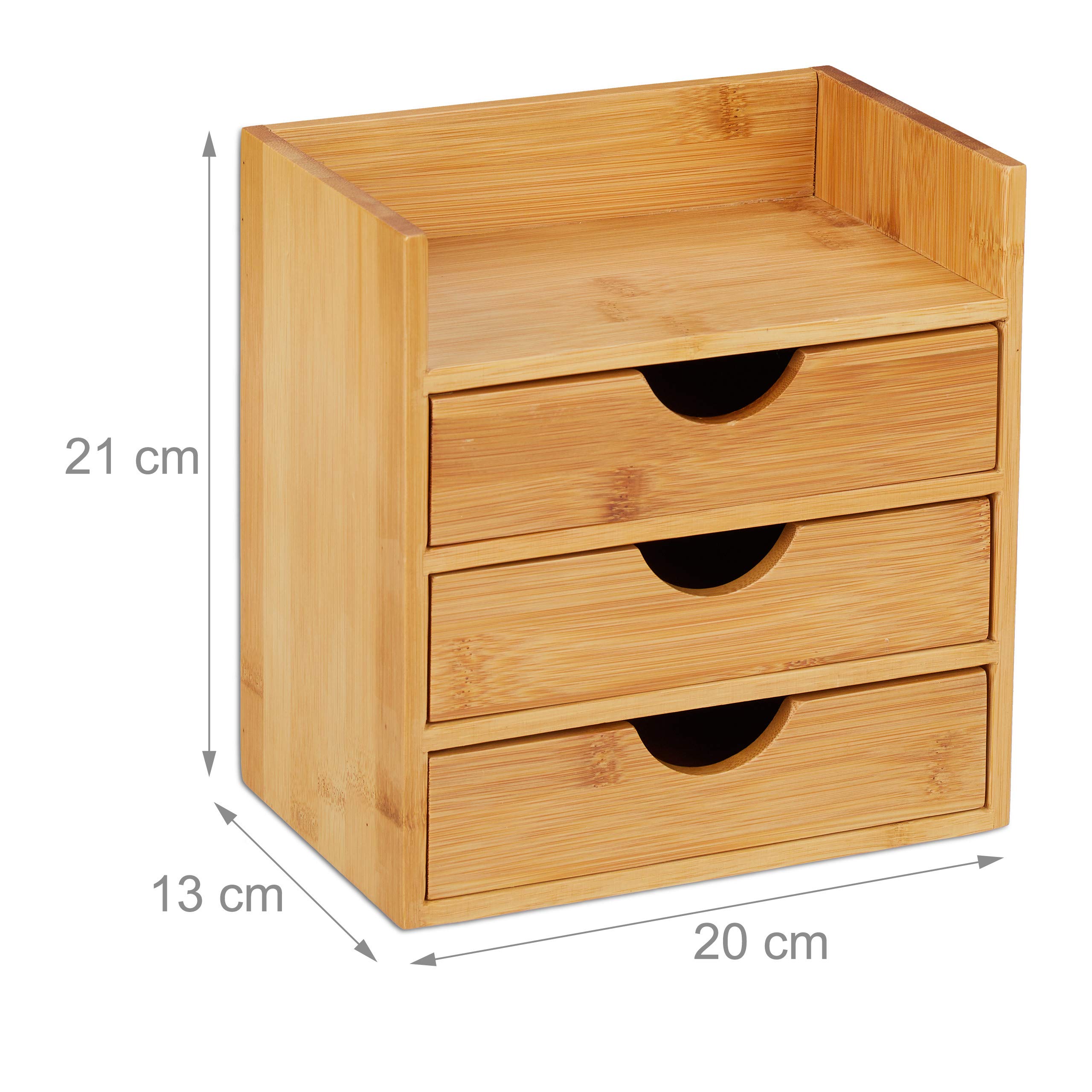 Relaxdays Schreibtisch Organizer, Ablage, 3 Schubladen, für Büroutensilien, Bambus Schubladenbox, HBT: 21x20x13 cm Natur
