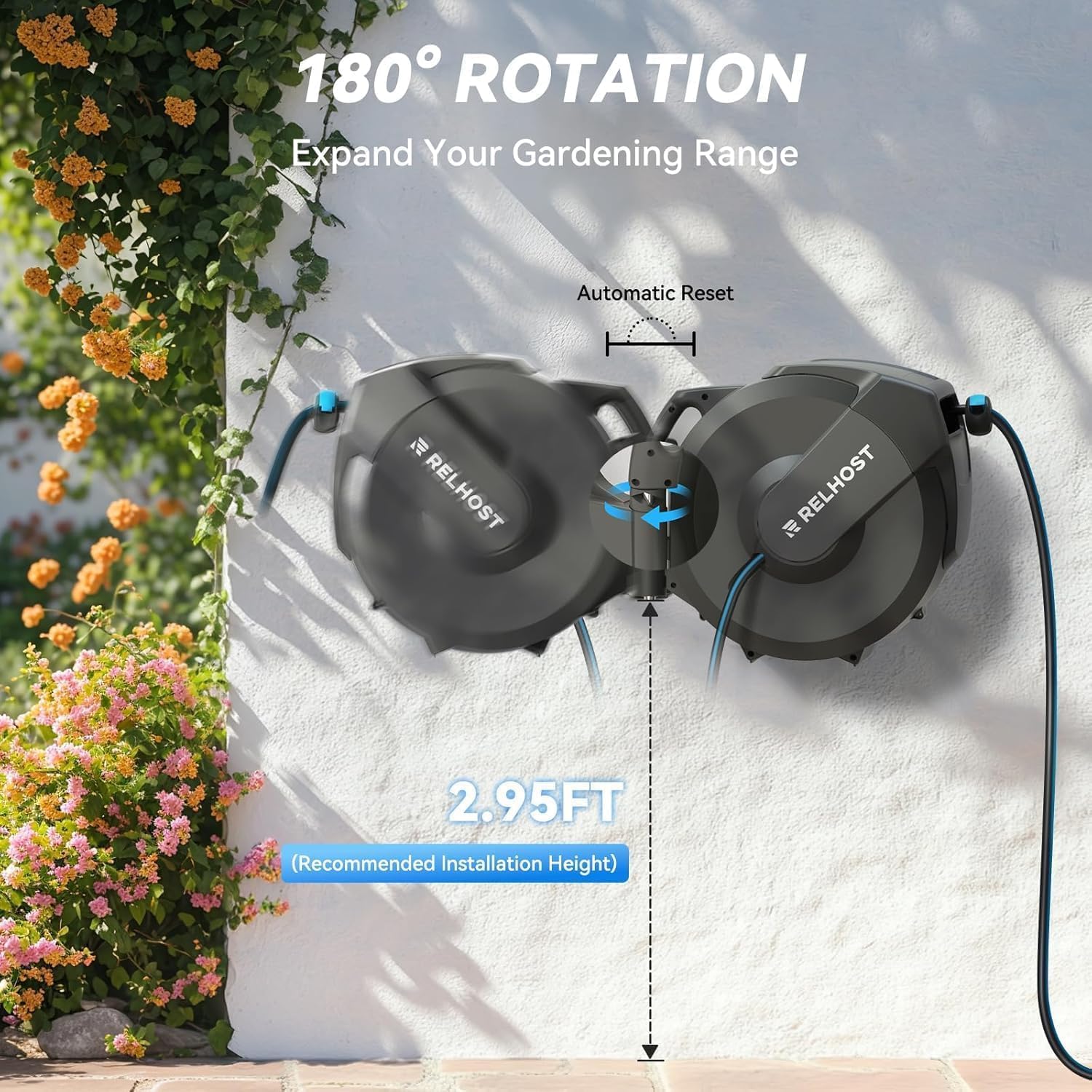 Retractable Garden Hose Reel, 5/8 in x 100 ft Wall Mount Heavy Duty Hose Reel with Any-Length Lock, Auto Rewind System, 180° Swivel Bracket, and 10-Pattern Nozzle for Garden, Dark Grey
