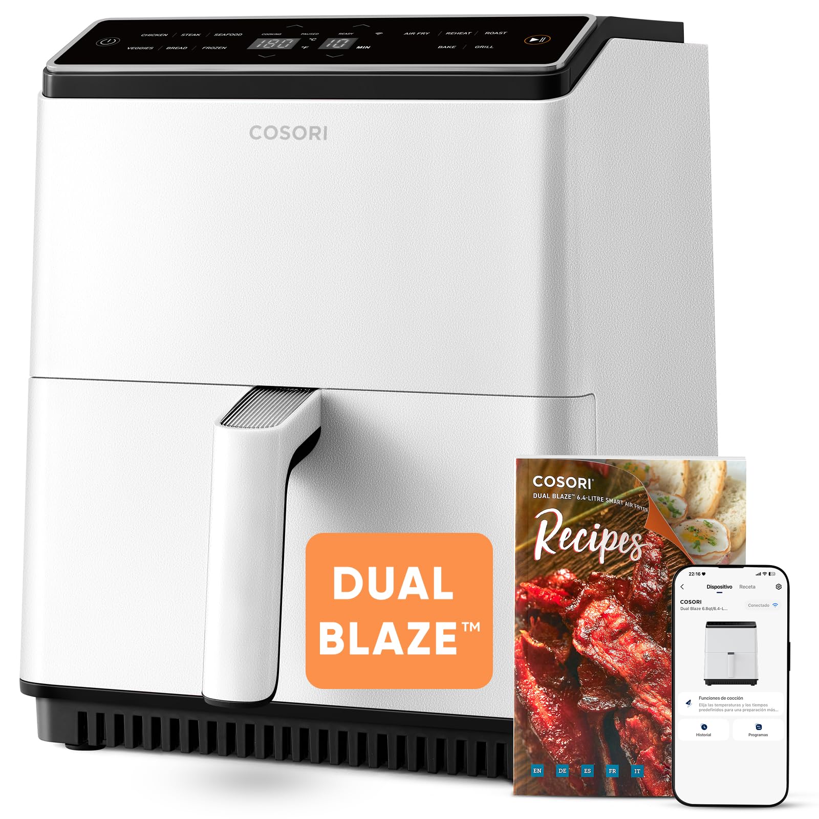 Cosori Freidora de Aire Dual Blaze 6,4L, 11en1 con Doble Resistencia, WiFi | Air Fryer con temp. y tiempo ajustables, 90+ recetas en español de chefs en la App, apta para lavavajillas, blanco
