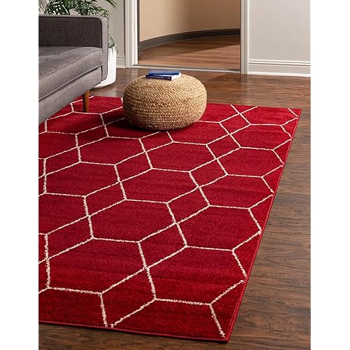 Unique Loom Trellis Frieze Collection Area Rug-Modern Morroccan Inspired Geometric Lattice Design, 3 ft 3 in x 5 ft 3 in, Red/White