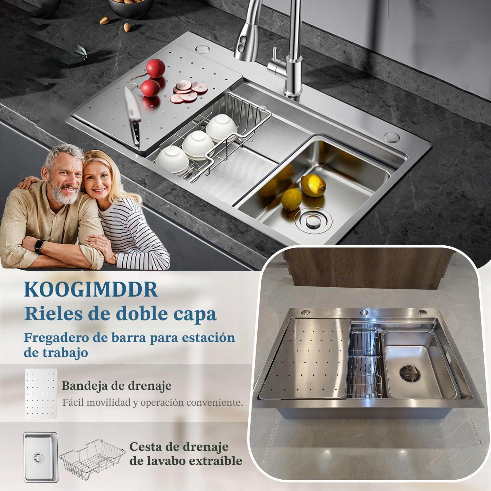 Fregadero de cocina multifunción de 65 x 50 cm, de acero inoxidable 304, hecho a mano, fregadero de cocina grande de una bañera, instalación a ras o sobre encimera con bañera extraíble