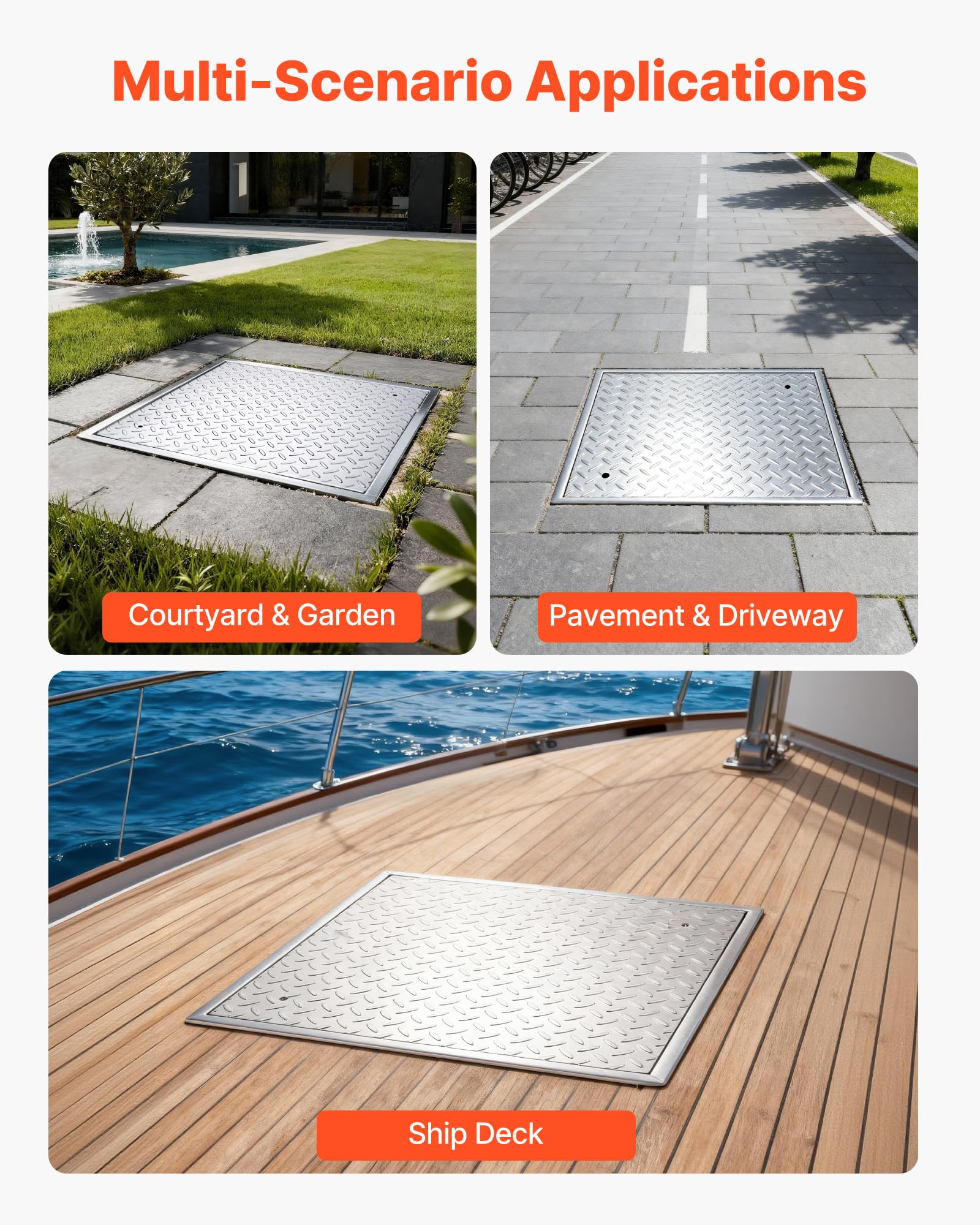 VEVOR Plaque d'Égout avec Cadre, Couvercle de Regard Carré de 60x60 cm, pour Inspection de Drainage Bouche d'Égout Trottoir Jardin, Couvercle de Fosse Septique en Acier au Carbone Antidérapant