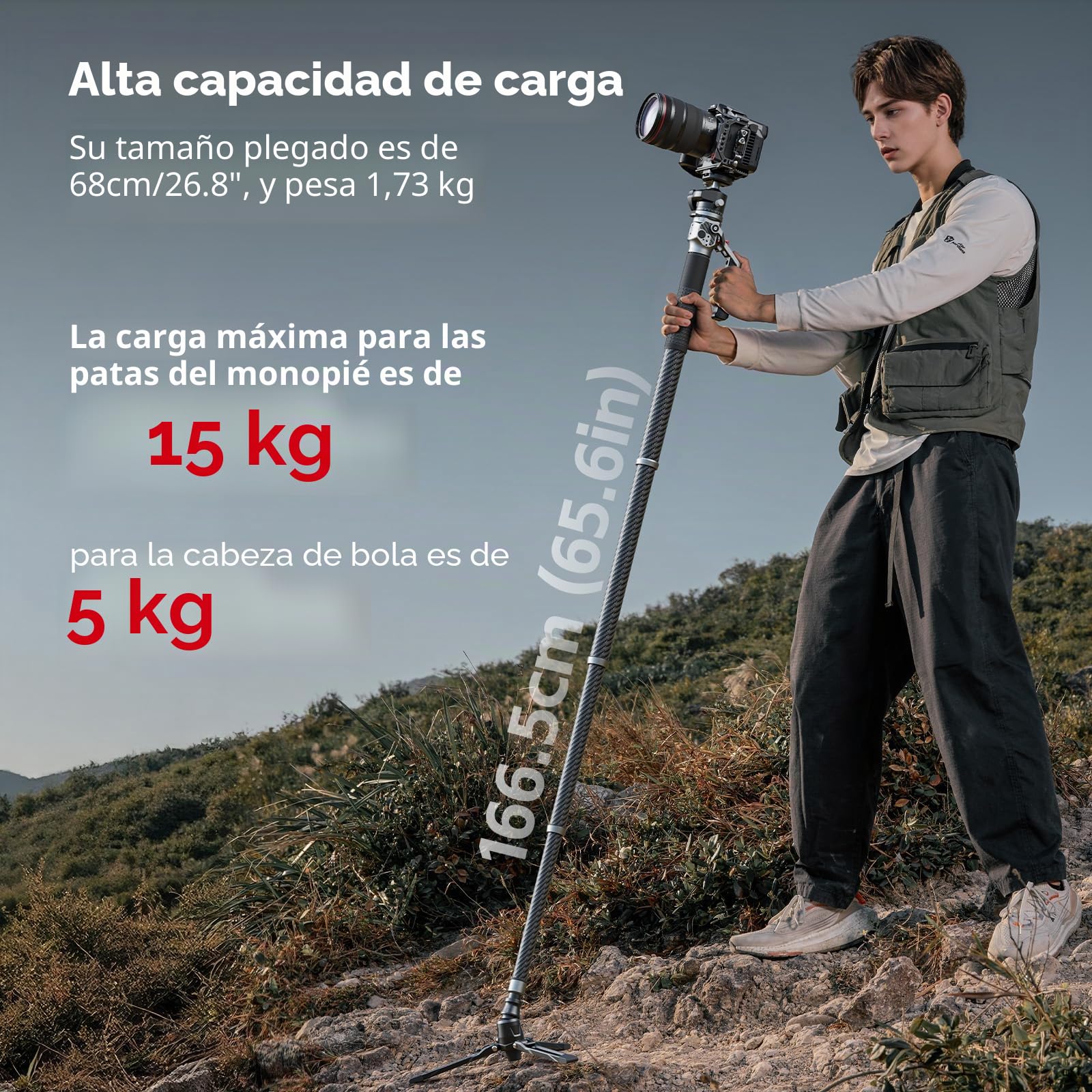 SMALLRIG Monópode de Fibra de Carbono 166.5cm, Portátil 68cm, Peso 1.72kg, Ajuste de Altura de Un Toque, Carga Máx. 5kg - 5564
