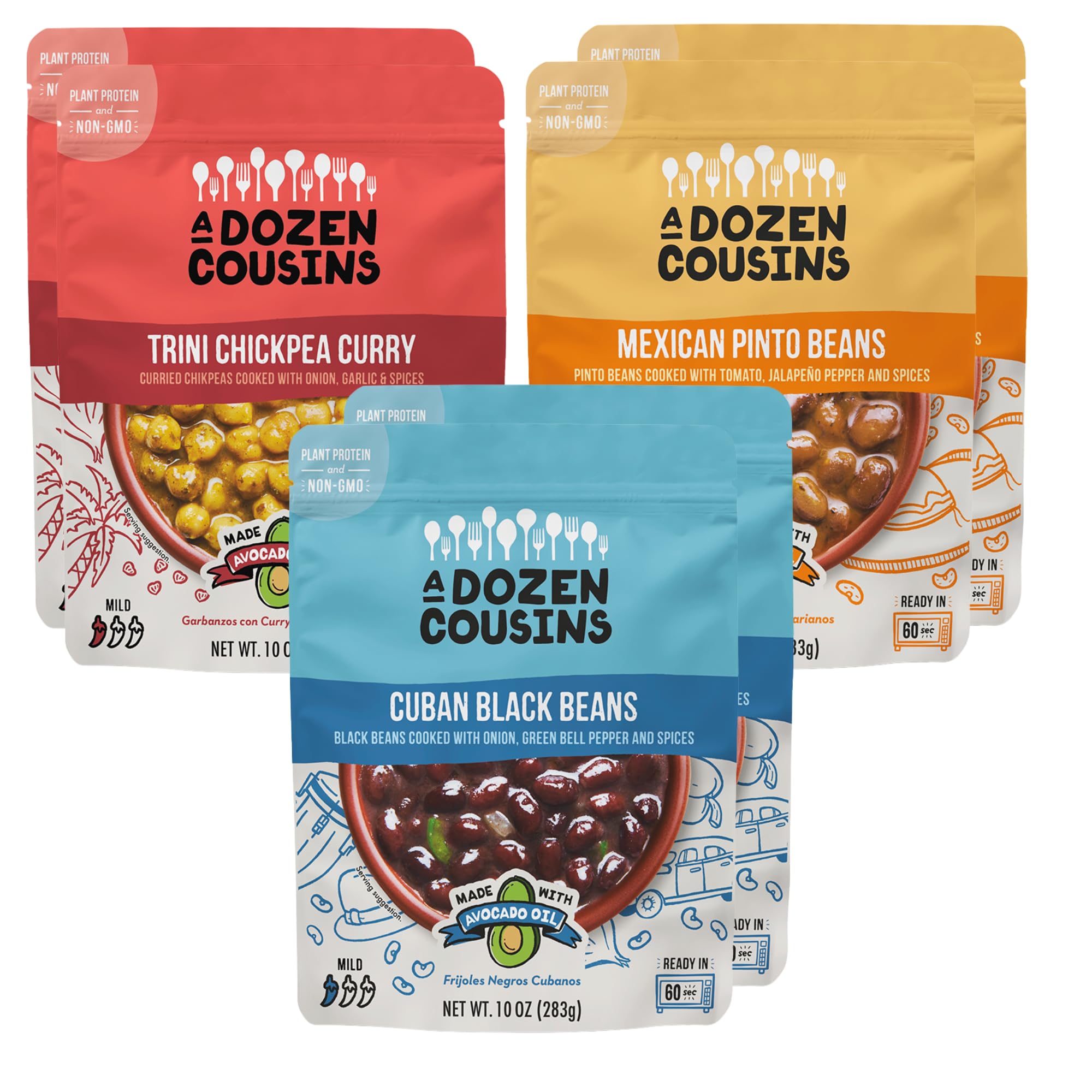 A Dozen Cousins Black, Pinto, Chickpea Beans (6-Pack) Prepared Food Pouch, Ready to Eat Meal in Seasoned Avocado Oil, Premade Microwave Meal, Bean Variety Pack, Gluten Free, Plant Protein & Fiber