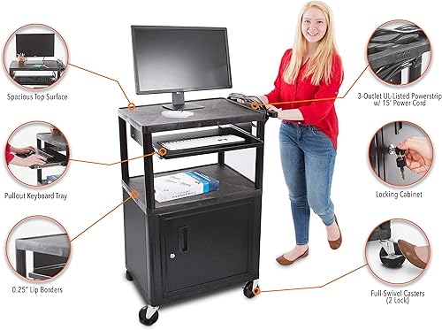 Miniatura 3 de Line Leader - Carrito AV de plástico con bandeja para teclado y gabinete de metal con bloqueo, estación de trabajo móvil resistente con 4 ruedas