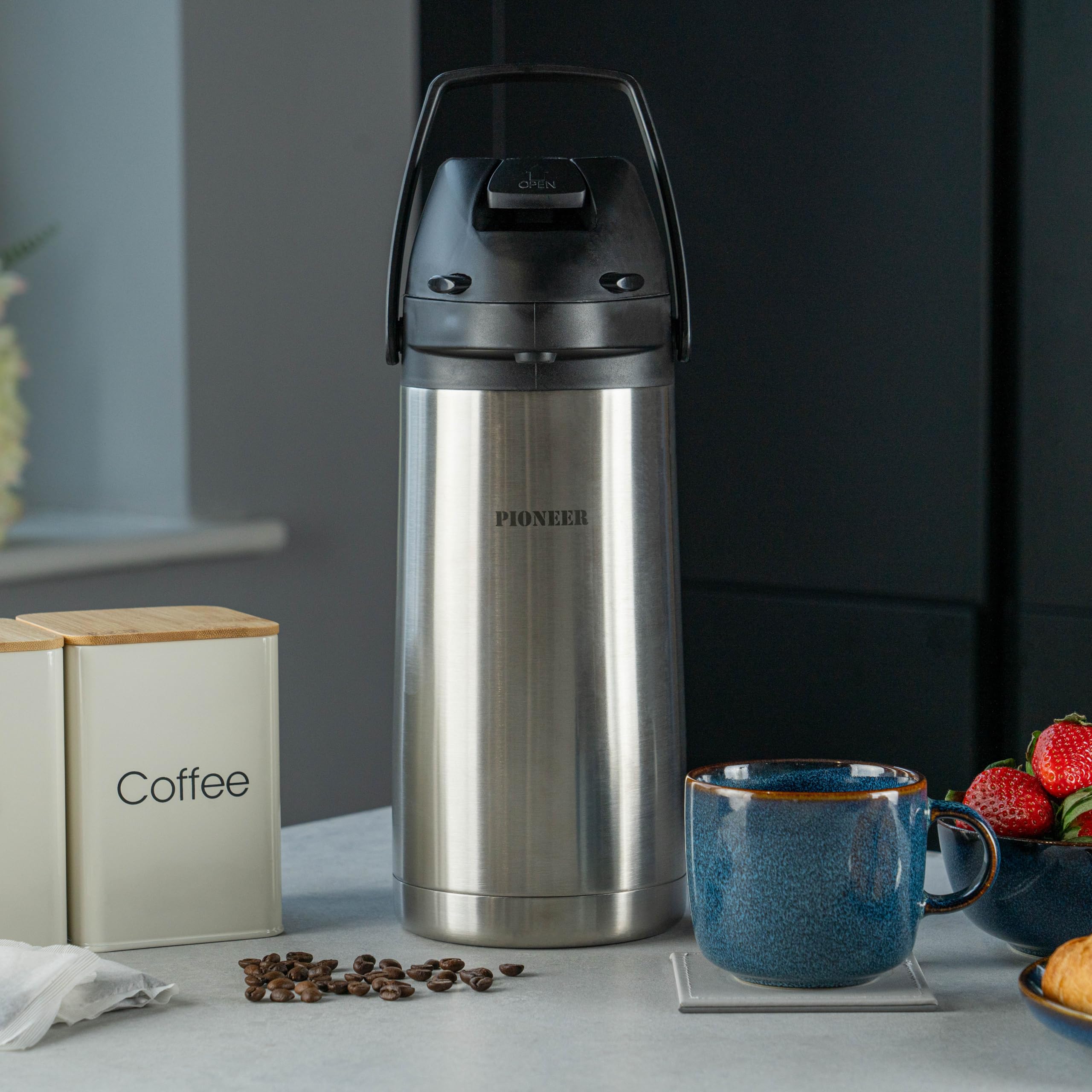 Pioneer Flacon 1,9 L en acier inoxydable avec levier, flacon étanche pour boissons chaudes et froides, distributeur de boissons à pompe facile à utiliser pour les événements