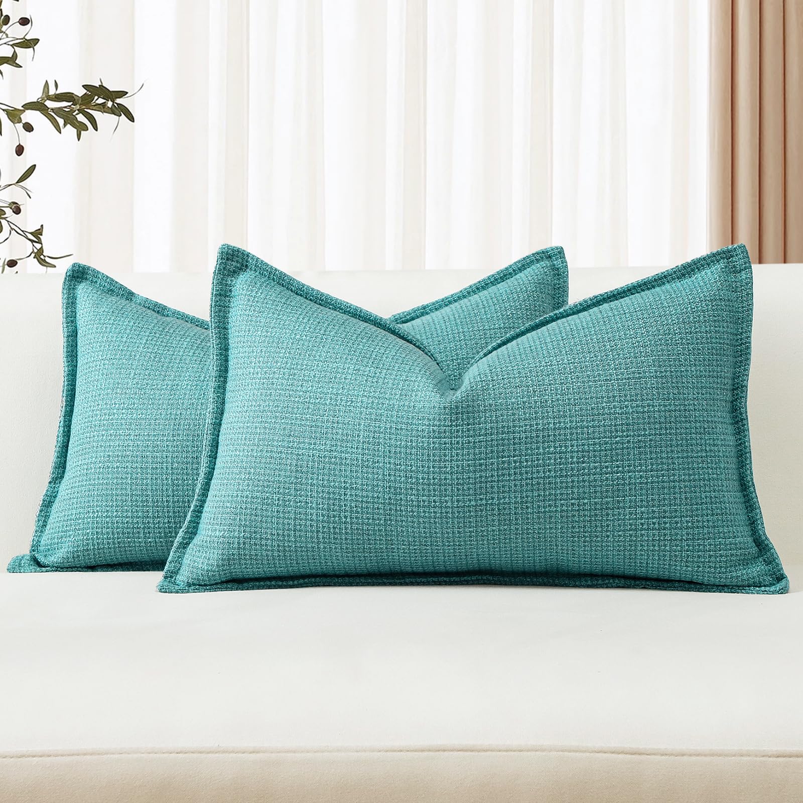 Artscope Pack of 2 Turquoise Decorative Cushion Covers 16x24 Inch Soft Linen Texture Couch Throw Pillows Farmhouse Pillow Covers with Elegant Design for Sofa Bedroom Living Room Home Decor 40 x 60 CM - Image 2