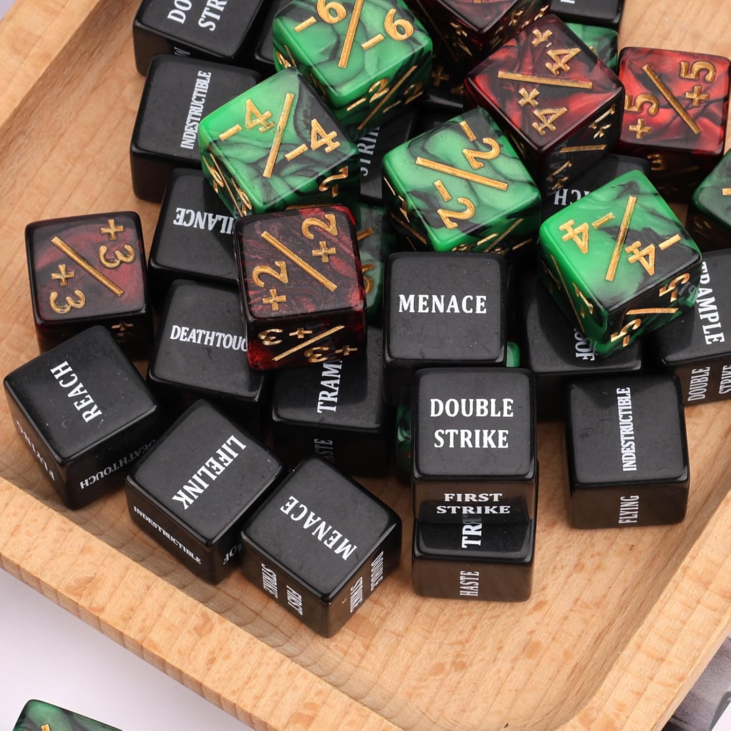 48pcs Abilities Keywords Counter Dice with Velvet Pouch, Acrylic Loyalty Dice Tokens Magic Life Counters Set Creature Stats Buff for TCG Gathering Party Card Gaming Accessories