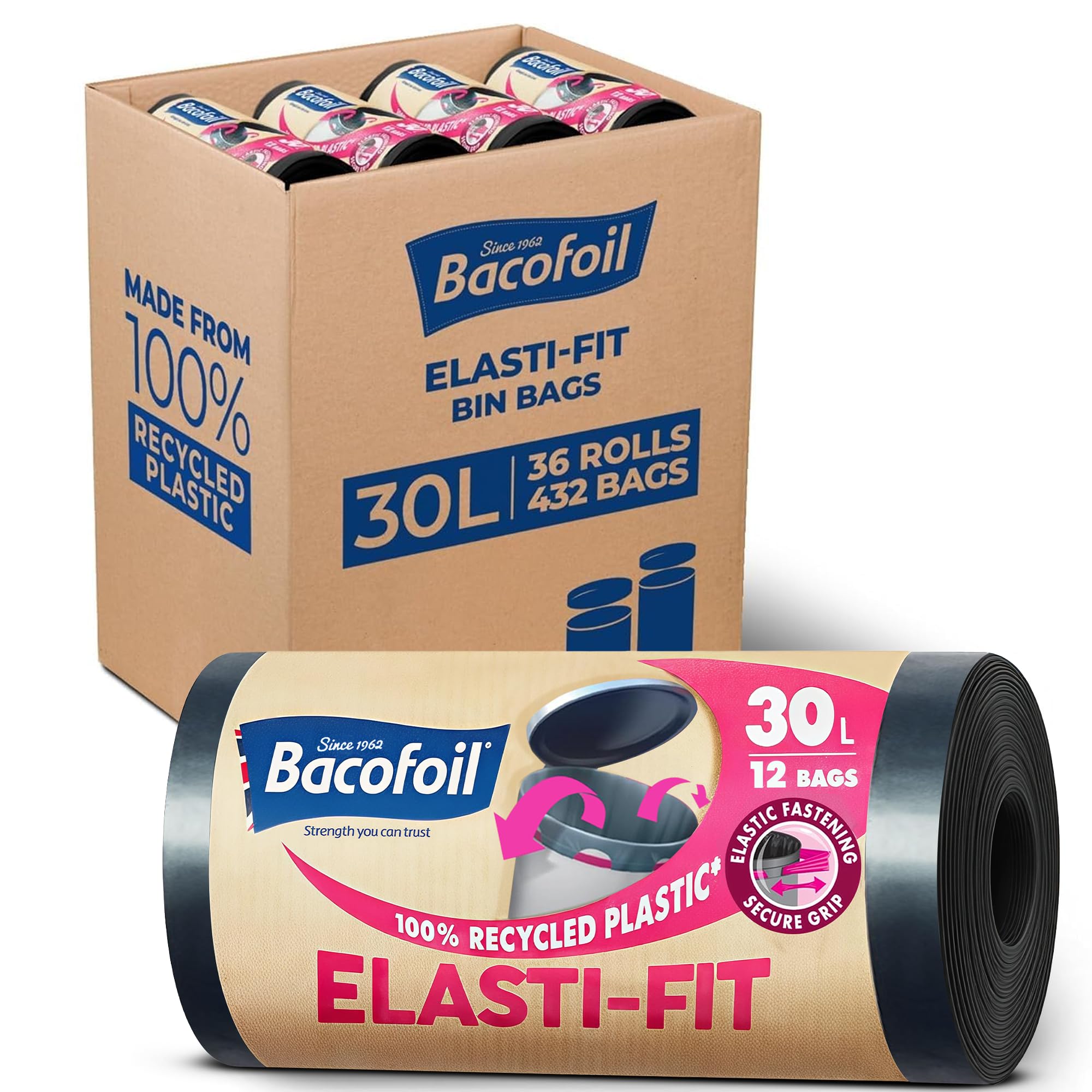 Bacofoil Elasti-Fit 30L | 432 Bags Elasti-Fit Bin Liners With Drawstring Handles 30L - Leak-Proof Bin Bag With Elastic Fastening For A Secure Fit (36 Rolls, 432 Bags)