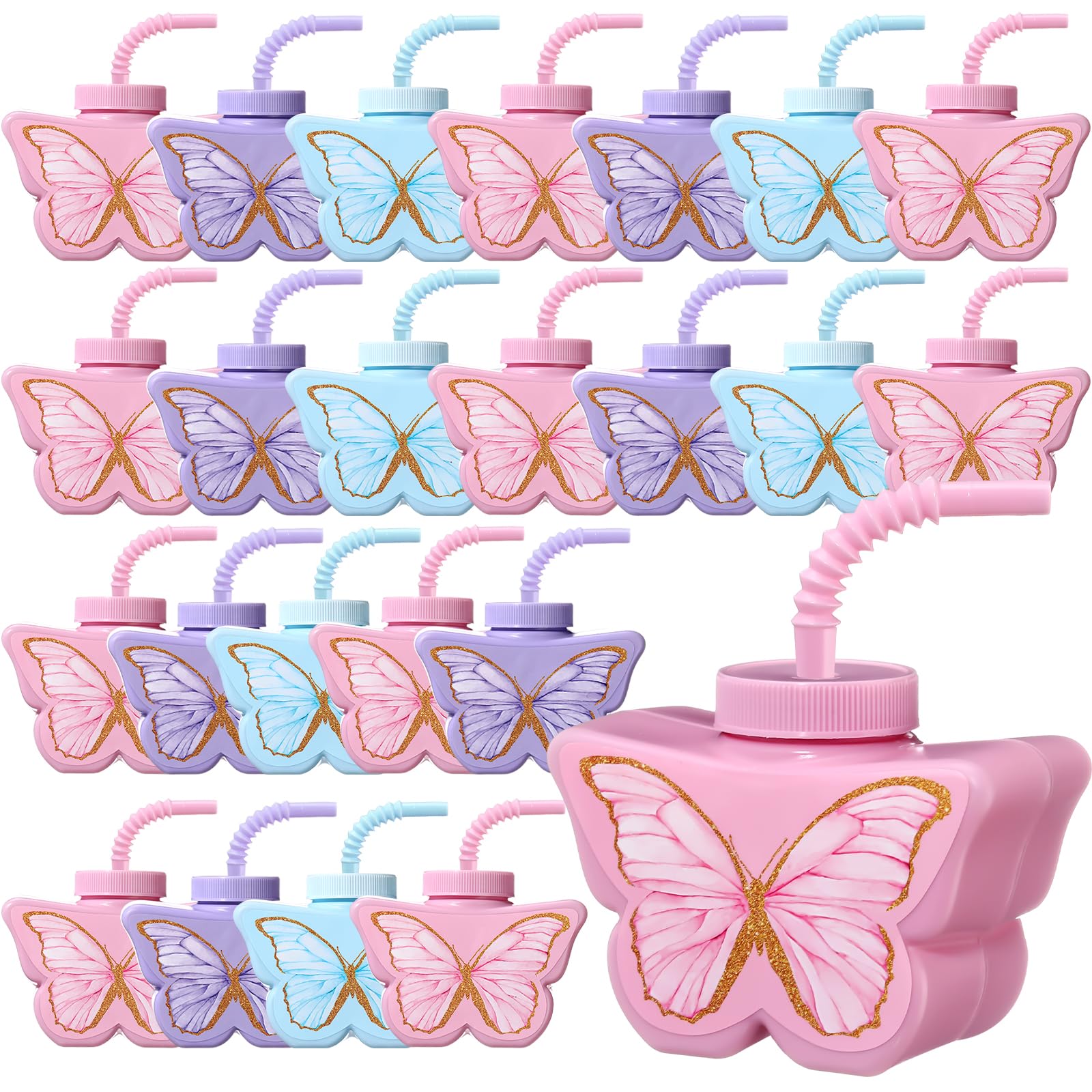 Mifoci 24 Pcs Butterfly Shape Cups Bulk, 10 oz Plastic Butterfly Themed Drinking Cups Pink and Purple Tea Party Supplies Fairy Birthday Party