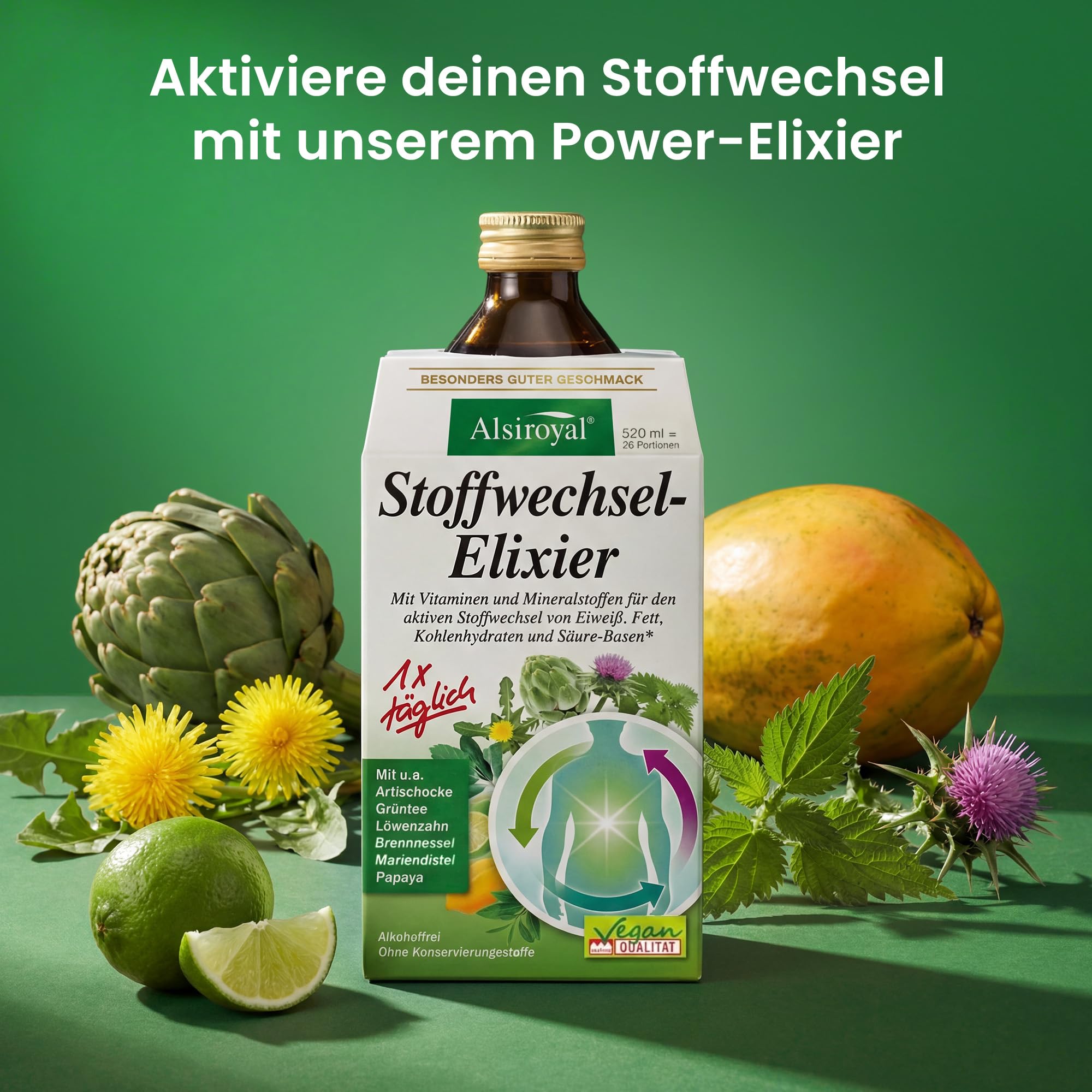 Alsiroyal Stoffwechsel Elixier - 520 ml - flüssiges Nahrungsergänzungsmittel mit Vitaminen Mineralstoffen und Pflanzenextrakten - fruchtiger Geschmack