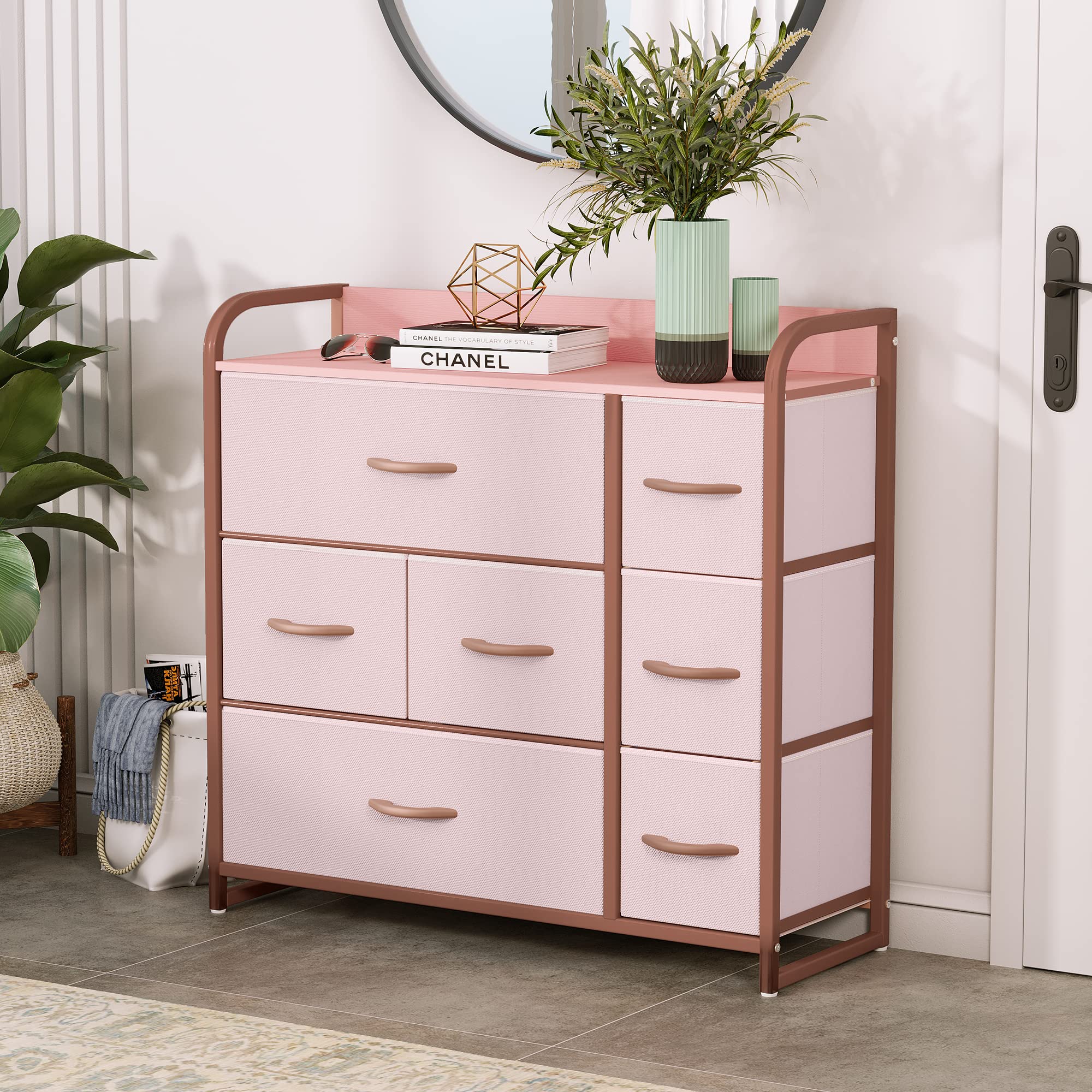 YITAHOME Cajonera para Armario,Unidad de Almacenamiento, de Tela, con 7 cajones,Cajones de Tela con Parte de Madera,Rosa