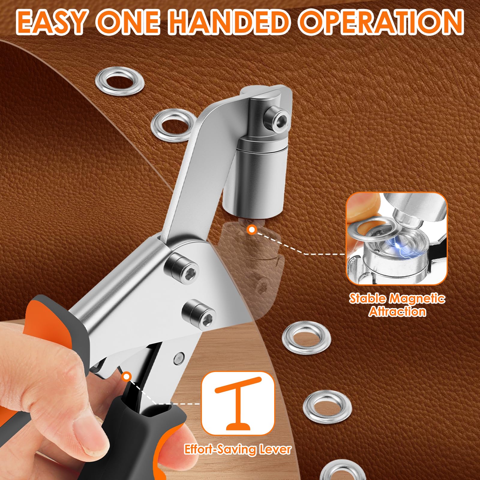 Set de pince à œillets professionnelle, Presse à œillets magnétique avec 200 œillets inoxydables (100 pièces Ø6mm et 100 pièces Ø10mm), Pince à œillets avec tête de découpe interchangeable pour