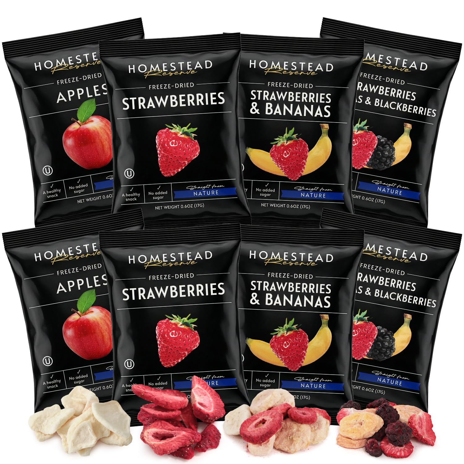 HOMESTEAD RESERVE Freeze Dried Fruit Snacks, Pack of 8 (0.6oz Each) – Bulk Freeze-Dried Fruit for Home or Travel – Individual Snack Packs for Lunchboxes – Includes Apples, Strawberries, Blackberries & Bananas.
