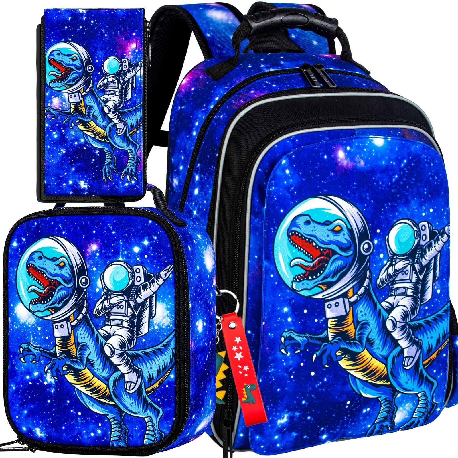 UFNDC 3PCS Dinosaur Backpack for Boys, Kids Preschool Bookbag with Lunch Box, 16" Water Resistant School Bag for Elementary Toddler