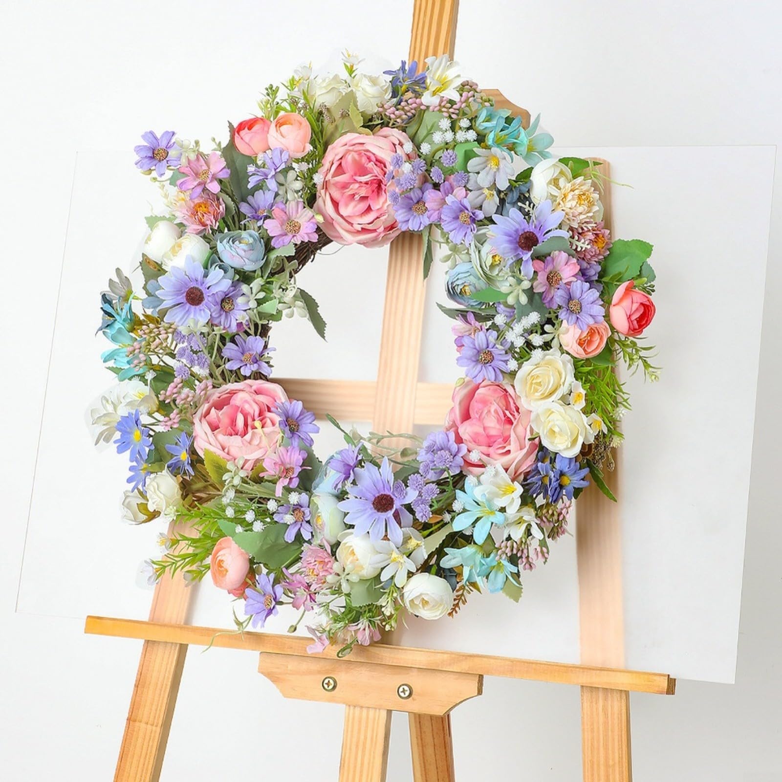 Ghirlanda artificiale primaverile 45 cm peonia crisantemo floreale decorazione da parete per interni casa San Valentino Pasqua festa della mamma rosa