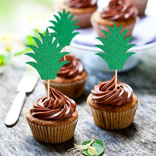 Miniatura 6 de Ercadio Paquete de 24 adornos para cupcakes con hojas de piña, dona con purpurina verde, frutas, piña, cupcakes, hawaiano, Luau, tema tropical,