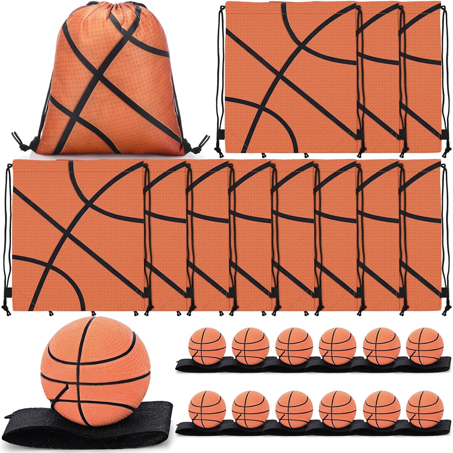 VioraWhite 12 Pcs Basketball Drawstring Bags with 12 Pcs Wrist Return Wrist Ball Basketball Party Favors Bag Sports Goodie Backpack Party Accessories for Exercise Teams Birthday Gift Supplies