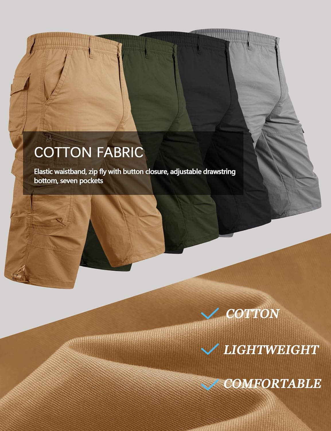Cotrasen Men's Cargo Shorts Cotton Casual Below Knee Long Shorts Twill Elastic 3/4 Capri Pants with 7 Pockets - Image 7