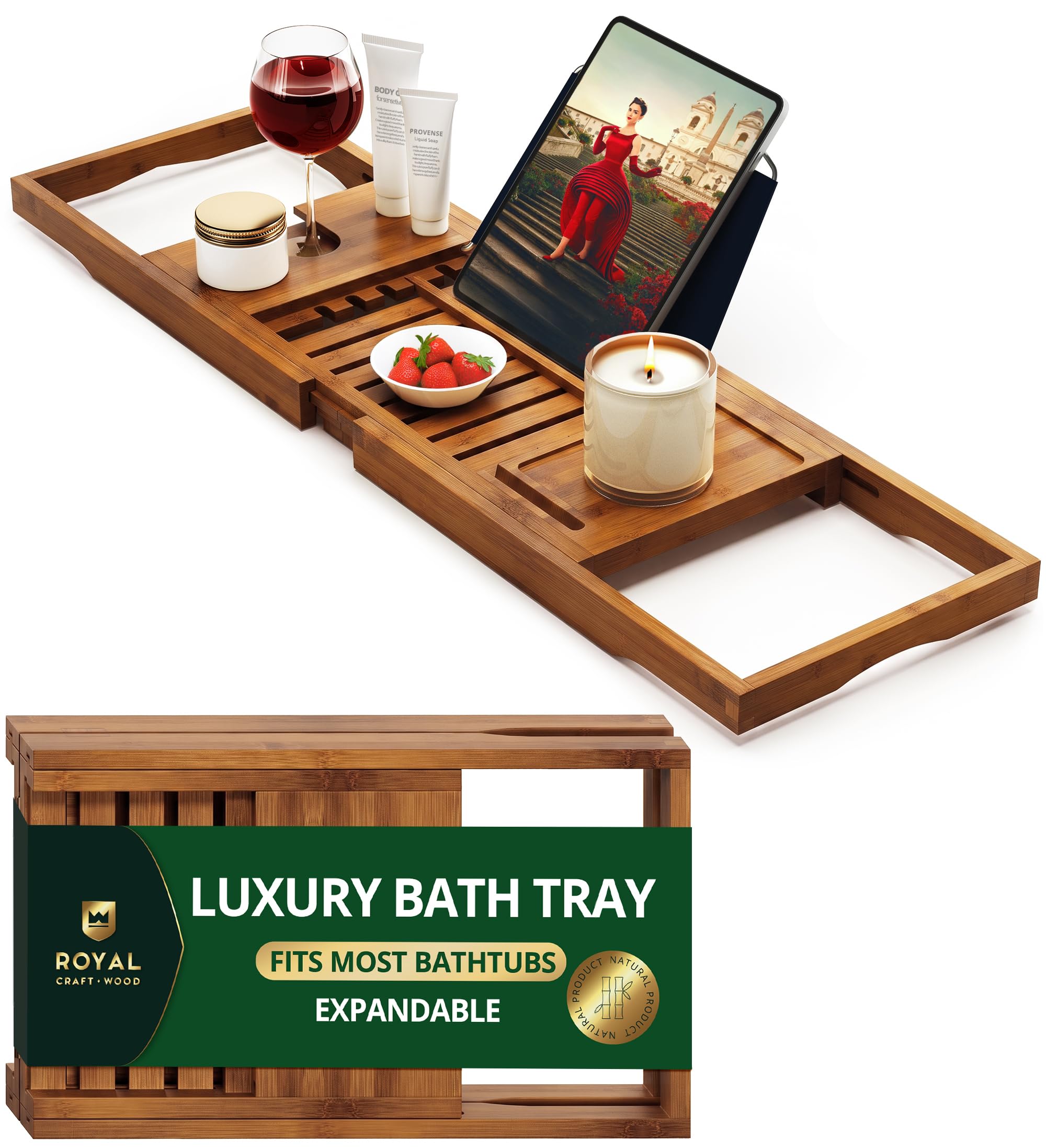 Royal Craft Wood Bathtub Tray - Foldable Bamboo Caddy -13