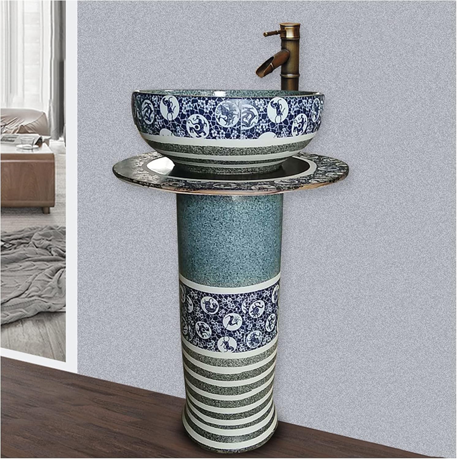 Freestanding Pedestal Bathroom Cylindrical Sink Rigid with Pedestal Easy to Clean Floor Standing Basin Unit for Indoor and Outdoor N (Q) (L)