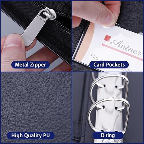 Miniatura 6 de Antner Carpeta de 7 anillos con cremallera para cheques de negocios de 3 en adelante, carpeta de cuero sintético con 7 anillas, capacidad de 600