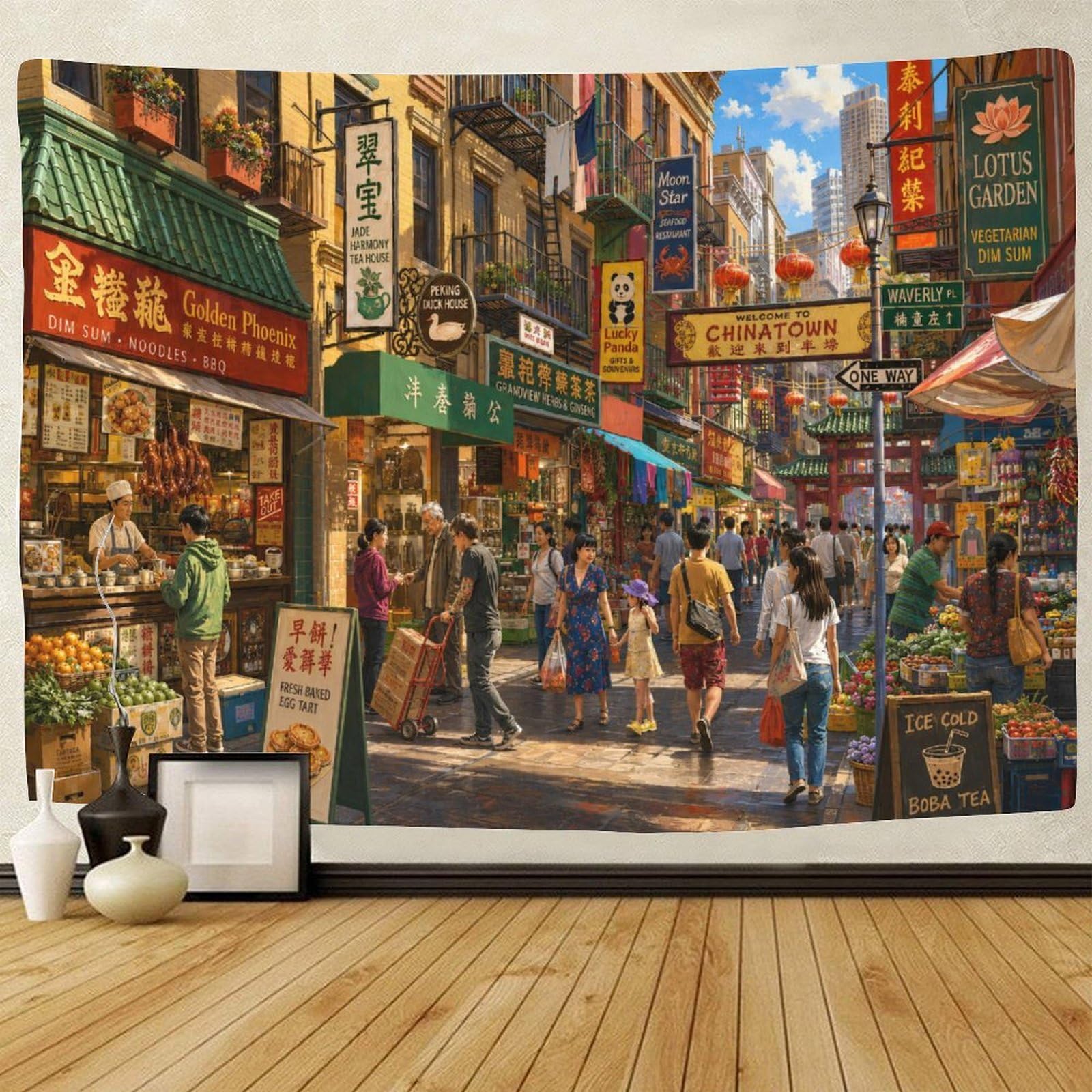 GPMNBCXZK Vintage Chinatown Street 3D Print Wall Art Decor Tapestry for Bedroom Tapestries Home Decoration Curtain Bedroom College Dorm 100cmx150cm