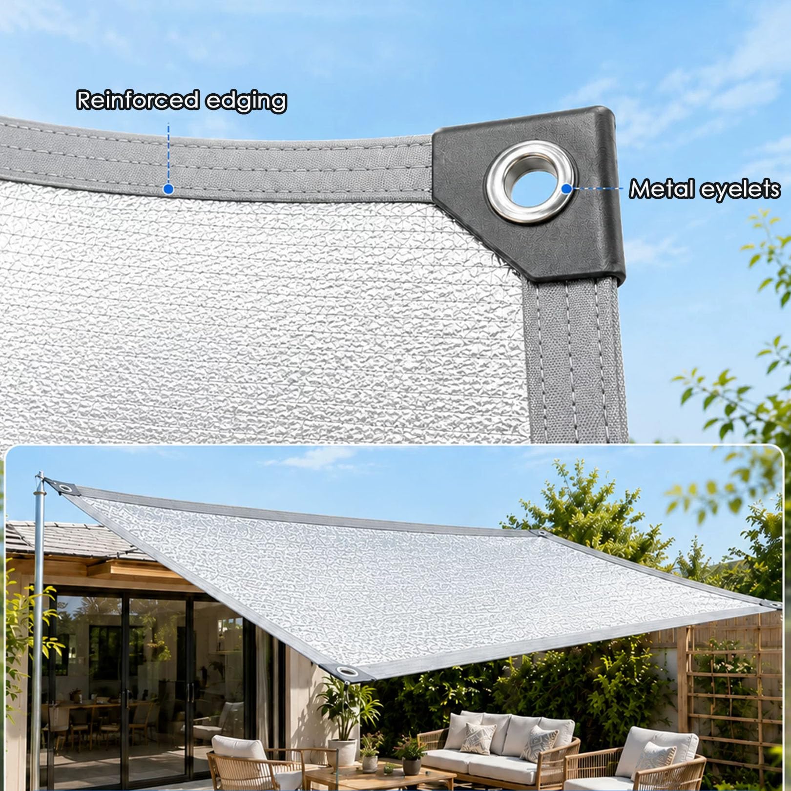 Tela reflectante de aluminio e UV de 5 x 5 m, transpirable, con ojales, para balcón, terraza, puerto, invernadero