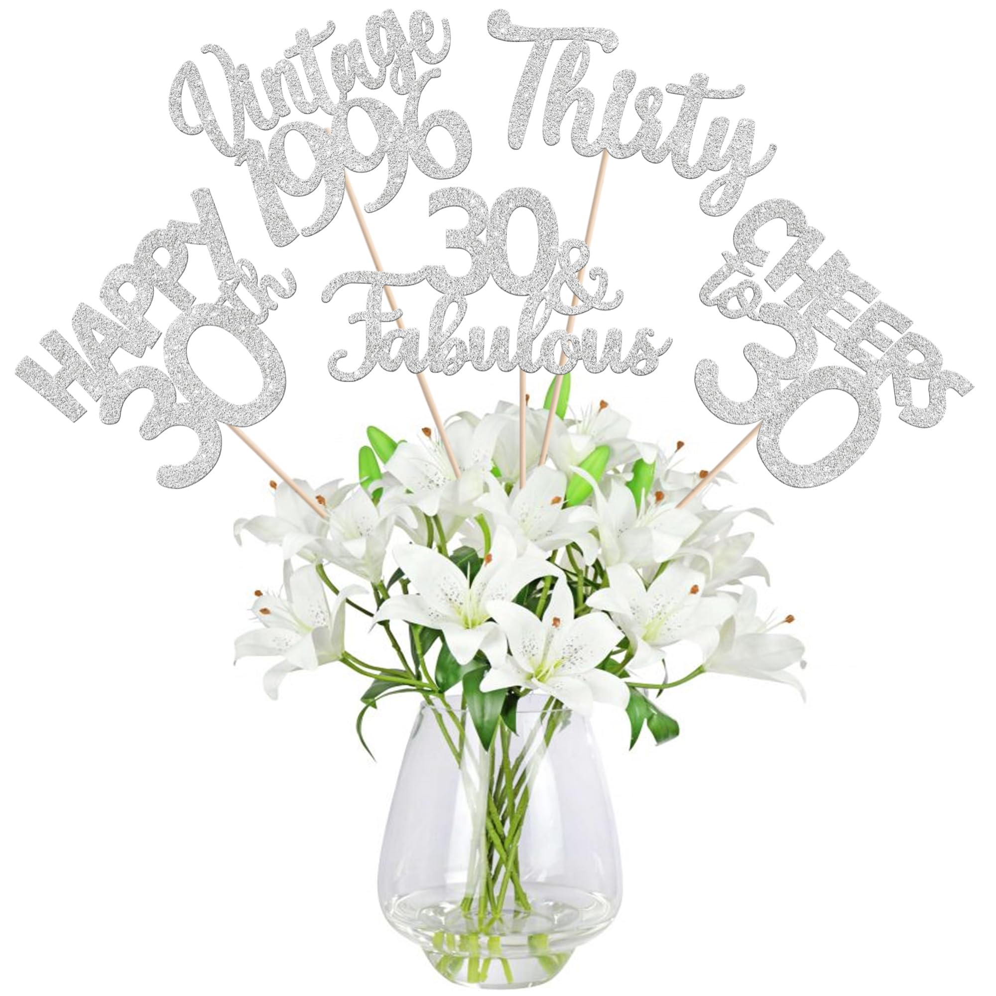 15 PCS 30th Birthday Centerpiece Sticks Thirty Happy 30 Vintage 1996 Table Flower Centerpieces Sticks Cheers to 30 Fabulous Floral Decorations for 30th Birthday Party Supplies Silver