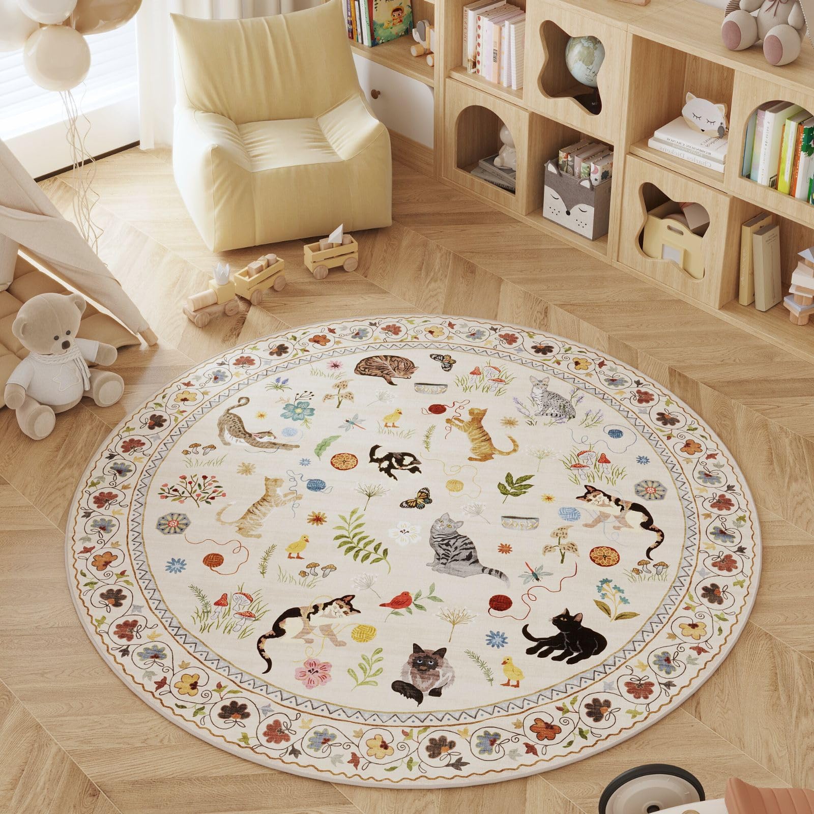 Rugcomf Round Rug, Washable, Round, Non-Slip, Low Pile, Boho Style, Floral Pattern, Cat, Small Round Rug for Bedroom, Bathroom, Entryway, Children's Room, Office โ image 1