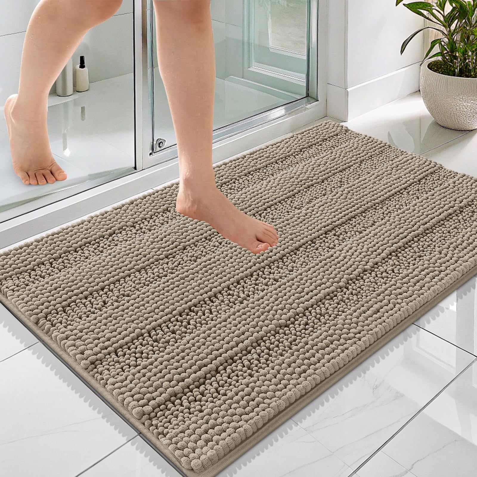 OLANLY Thick Bathroom Rugs 36x24, Chenille Striped Bath Rugs, Warm Taupe