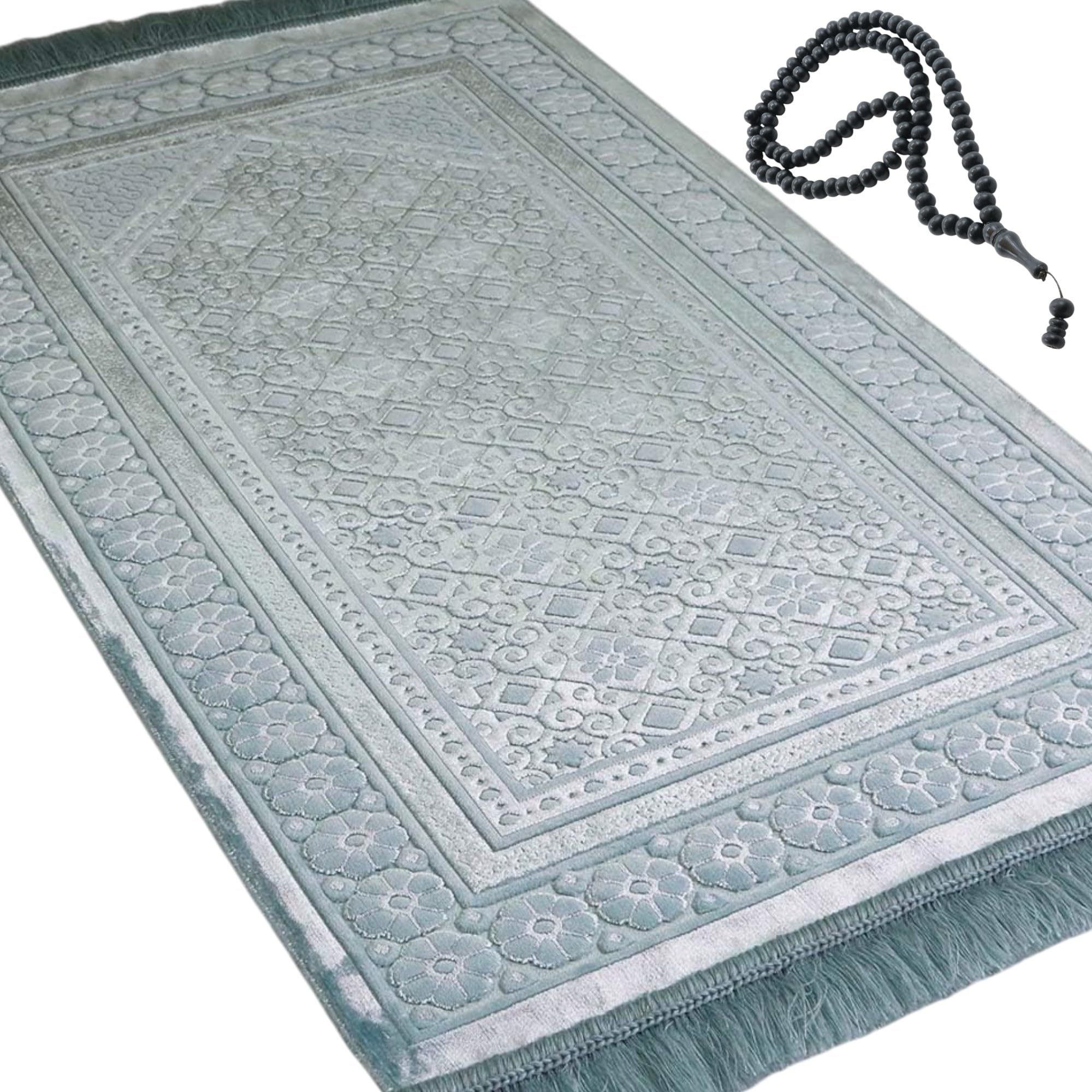 Velvet Prayer Rug - Soft Plush Turkish Janamaz Sajada Carpet for Men and Women - Plain Solid Prayer Mat Ramadan Eid Gift - with Prayer Beads - Luxury Floral Stamp (Light Blue)