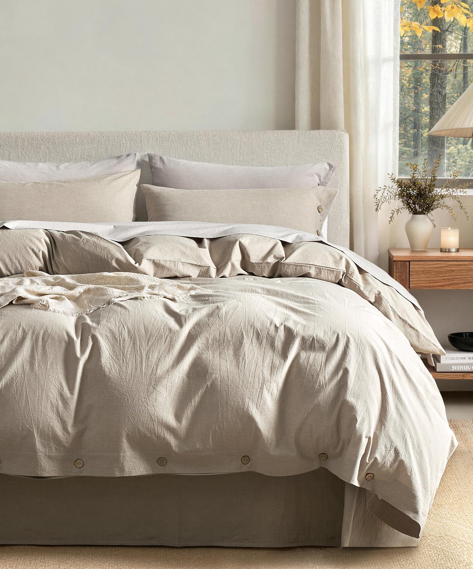 JELLYMONI 100% Washed Cotton Khaki-Beige Duvet Cover King, Linen-Like