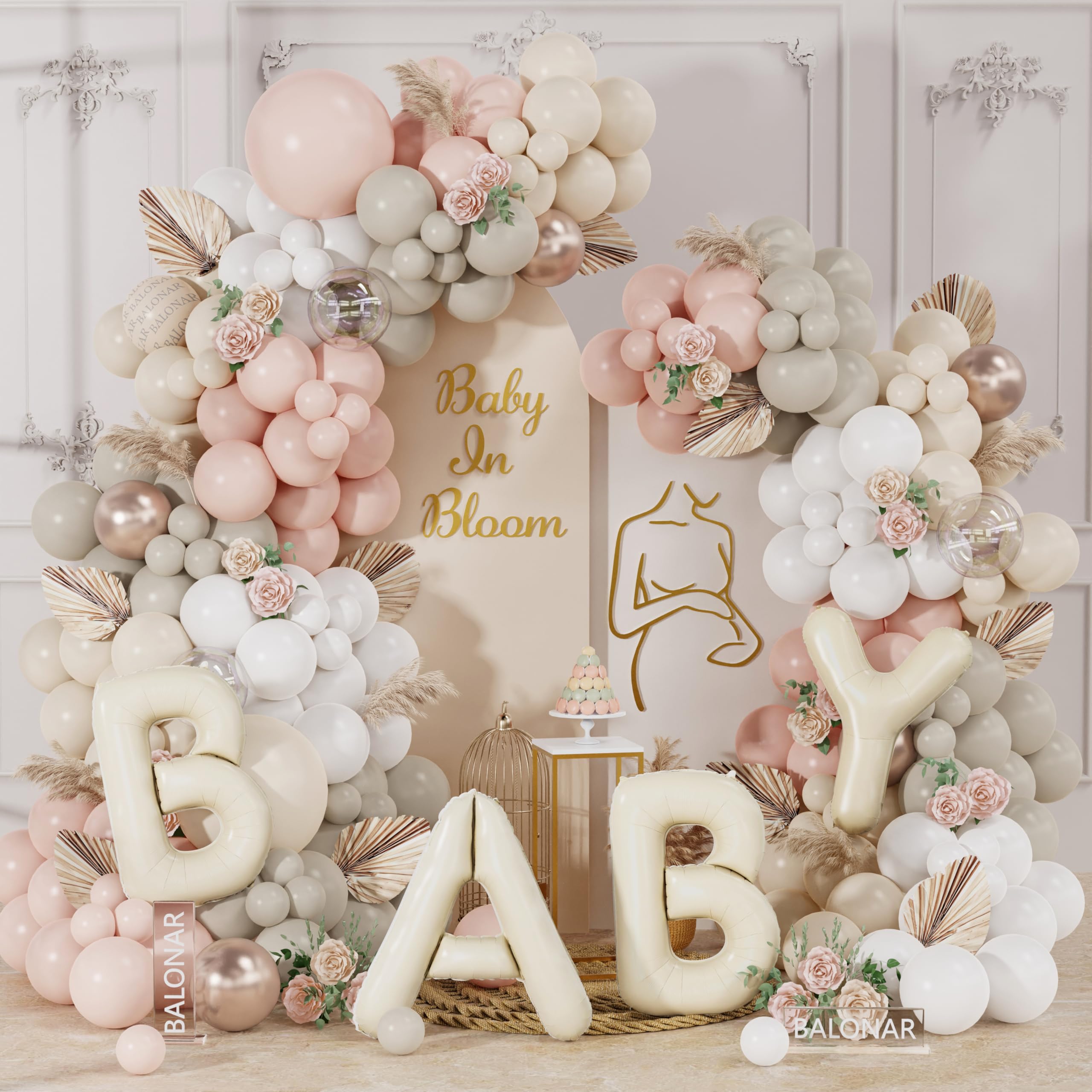 Baby in Bloom Baby Shower Decorations Neutral Boho Balloon Garland Arch Kit with 130Pcs Latex Balloons 40inch Beige BABY Balloon for Gender Reveal