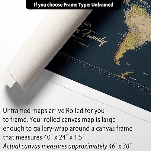 Miniatura 7 de HolyCowCanvas Mapa del mundo personalizado en lienzo en tonos clásicos de tierra sobre fondo azul marino, mapa del mundo, rastreador de viajes para