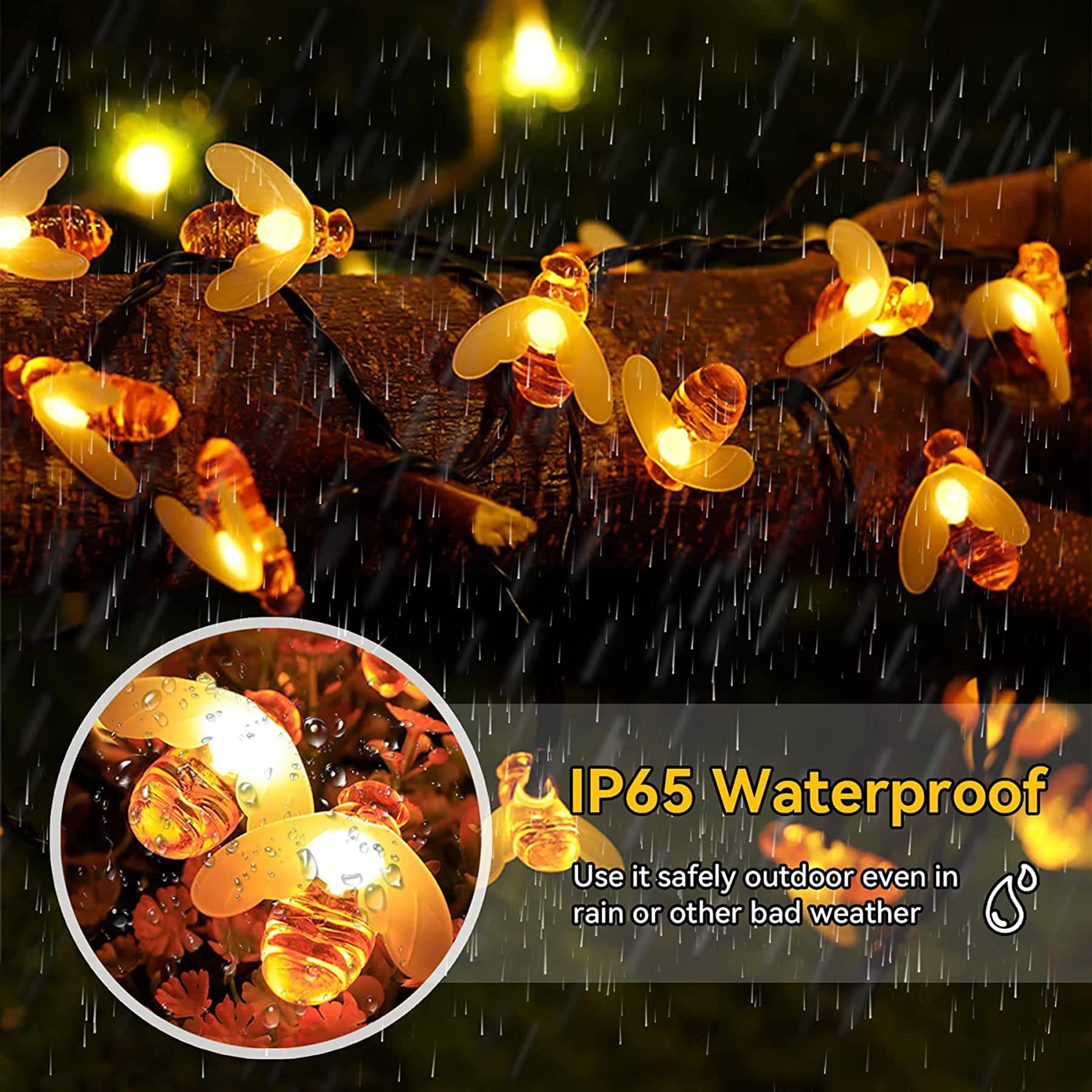 [2 Packungen] Solar-Gartenlichterkette, Honigbienen-Lichterkette, 7 m, 8 Modi, 50 LEDs, wasserdicht, für den Außen- und Innenbereich, Gartenbeleuchtung für Zaun, Weihnachten, Urlaub (warm Weiß)