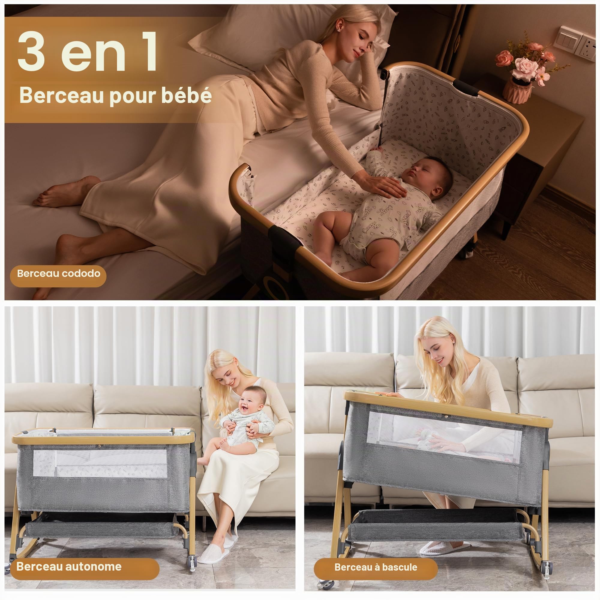 YAZOCO Berceau Bébé 3 en 1 Lit Cododo avec Matelas, Hauteur Réglable 6 Niveaux, Inclinaison 5° Scientifique, Panier Rangement Gris