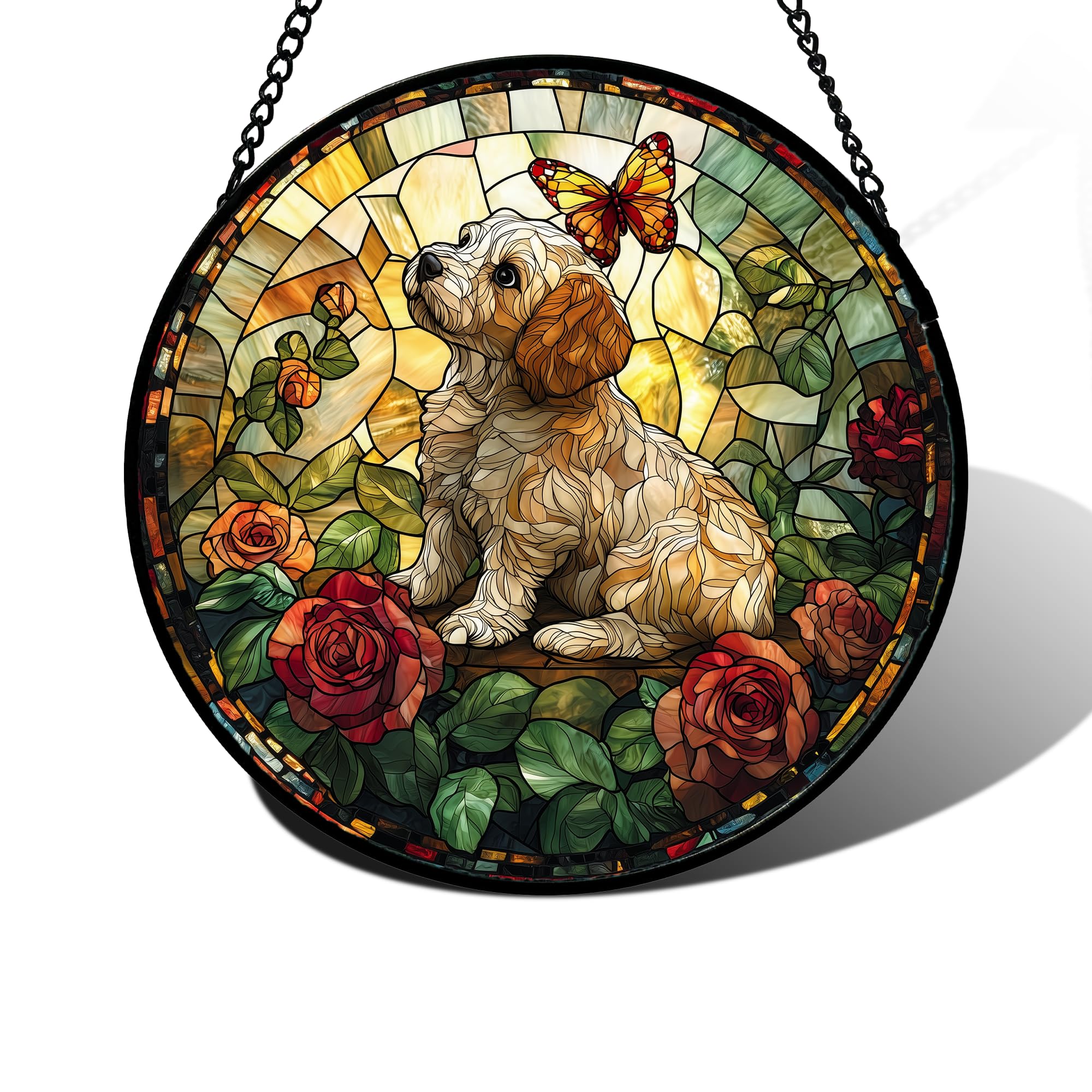 DASTOLL Stained Glass Window Hanging, Cute Dog and Flowers Suncatcher for Doors Home Butterfly Sun Catchers Decoration and Christmas, Mother's Day Birthday Gifts for Women, Men, and Mom 9.8 in โ image 1