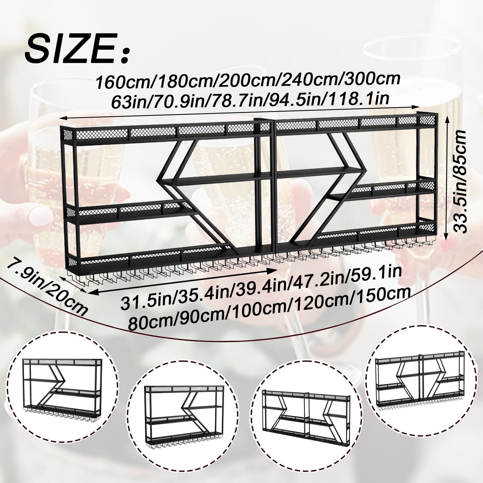 Portabottiglie da Parete, 3 livelli multifunzione Espositore Portabottiglie per Vino con Guardrail, Porta bottiglie di vino da parete con supporto in vetro (nero, 3 Tier,200cm)