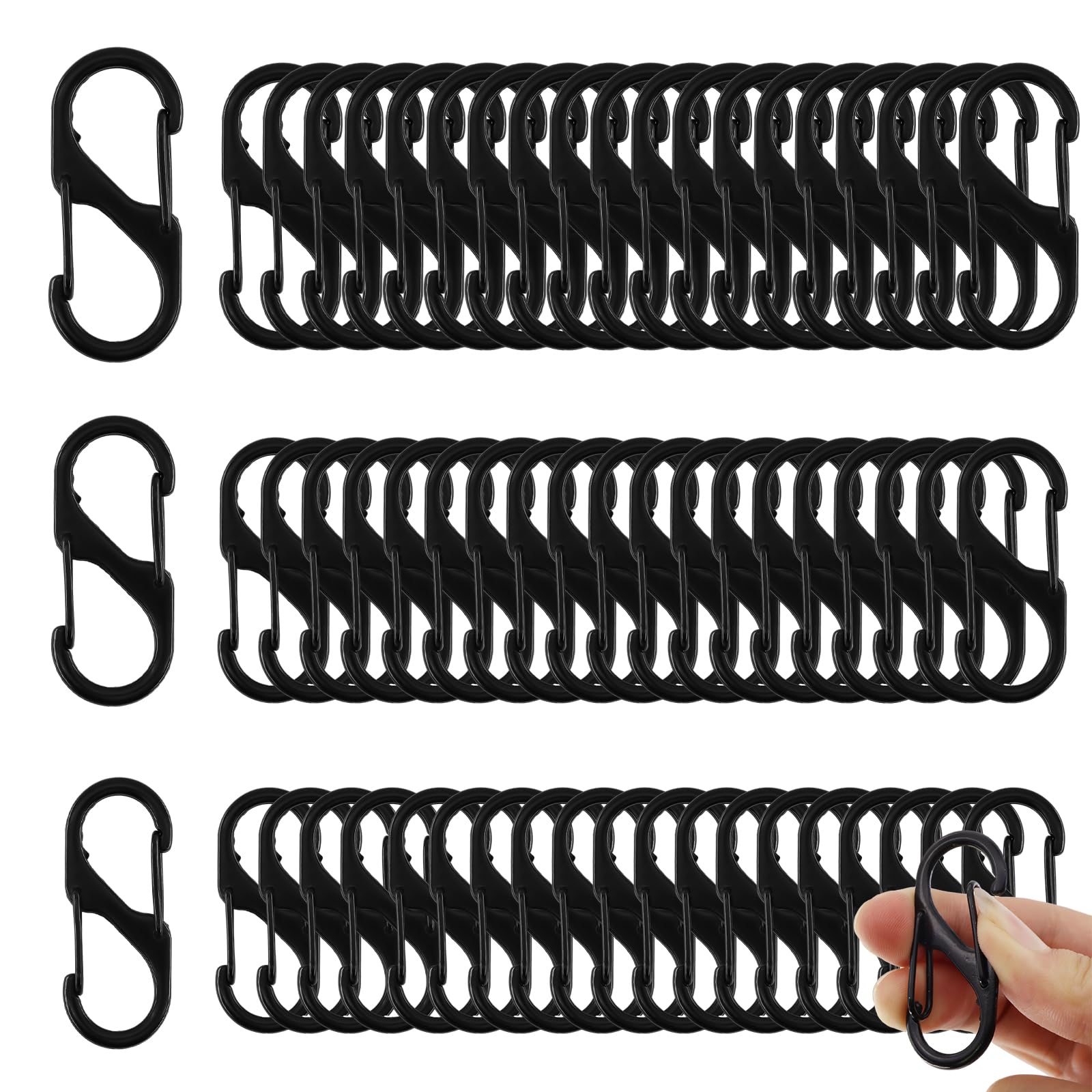 Lot de 60 mousquetons en forme de S - 50 mm/40 mm/32 mm - En métal antivol - Pour le camping en plein air, la randonnée, la suspension de clés - Noir