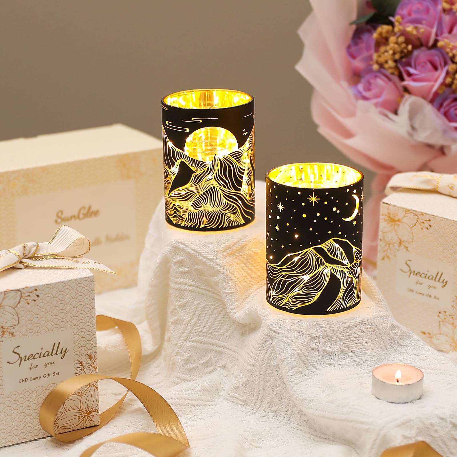 Glass Tealight Candle Holder, SunGlee Votive Candle Holders with LED String Light for Wedding, Birthday, Christmas Party Centerpiece Table Decor,