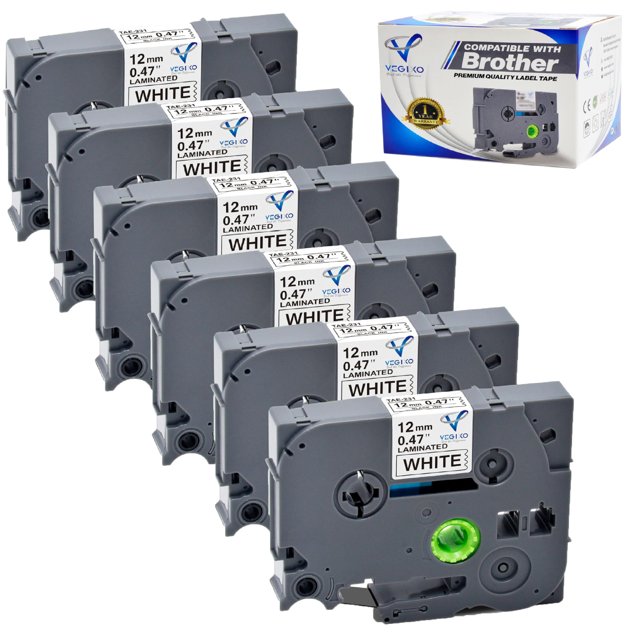 Compatible Label Tape Replacement for Brother TZe-231 TZ-231 P Touch Label Tape 12mm 0.47'' Laminated White TZ-231 for PTouch Label Maker PT-D210 PT-H110 PT-D400AD PT-P710BT, 6-Pack