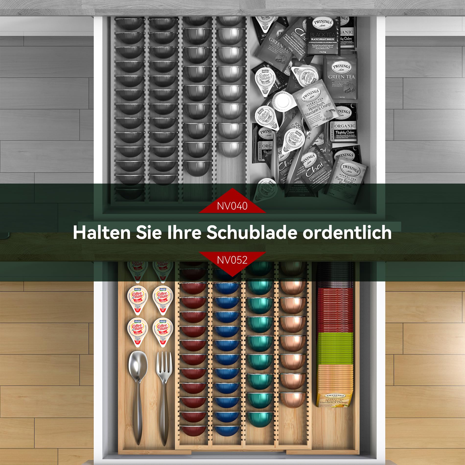 WELL WENG – Großer, ausziehbarer Bambus-Organizer für Schubladeneinsätze – Kompatibel mit Nespresso Vertuo-Kapseln – Aufbewahrung für Teebeutel (Natur) 27,4 cm – 48,3 cm (B) x 40 cm (T) x 4,8 cm (H)